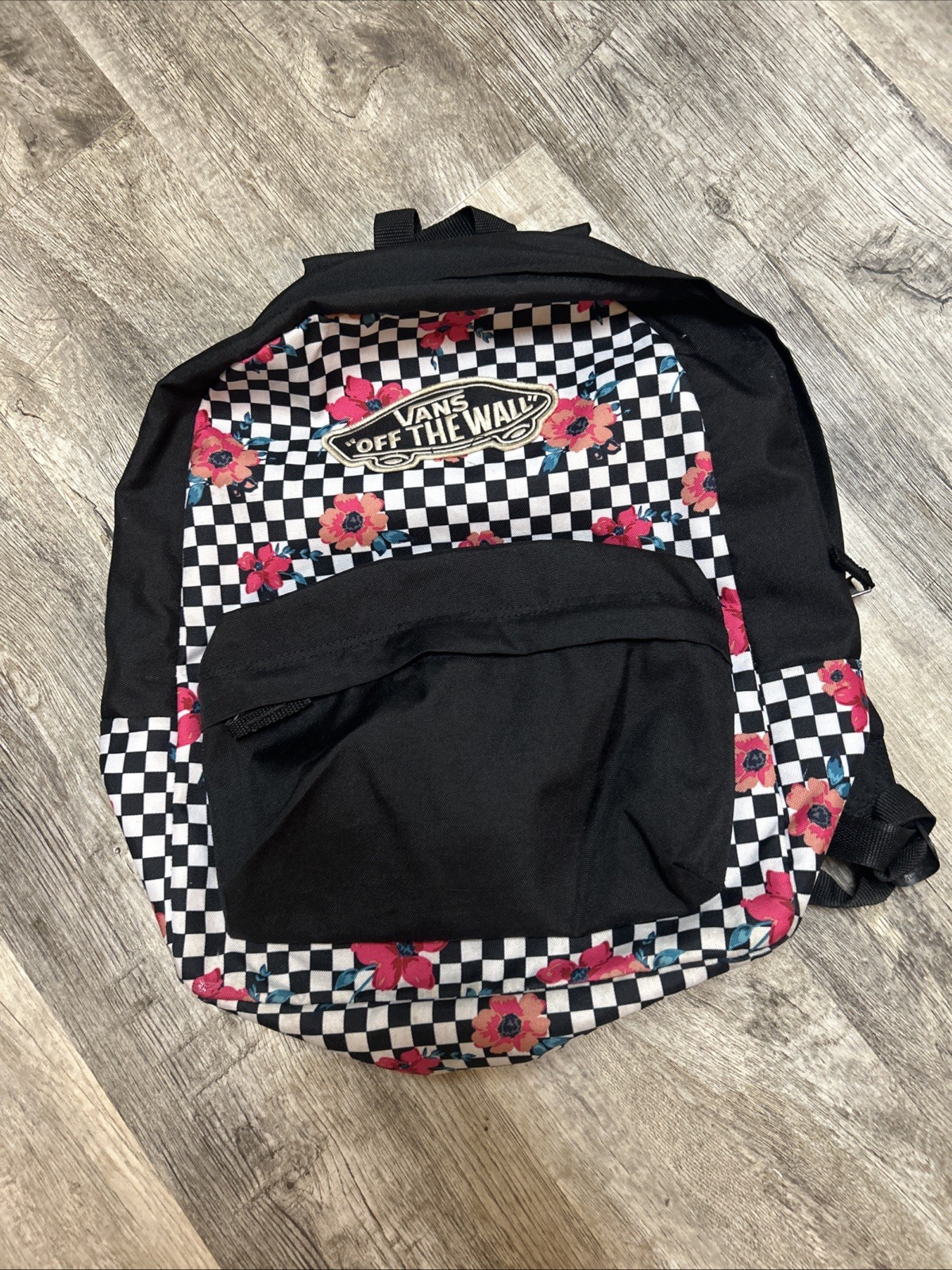 Vans Off The Wall Medium Backpack – Black/White Checkered With Pink Roses
