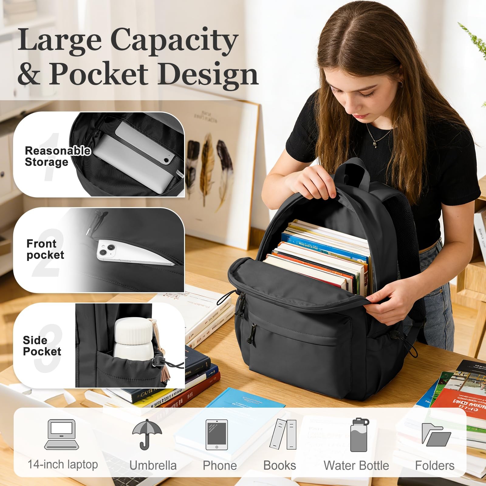 Black Waterproof Middle School Backpack College Bookbag Men Women Teens Girls