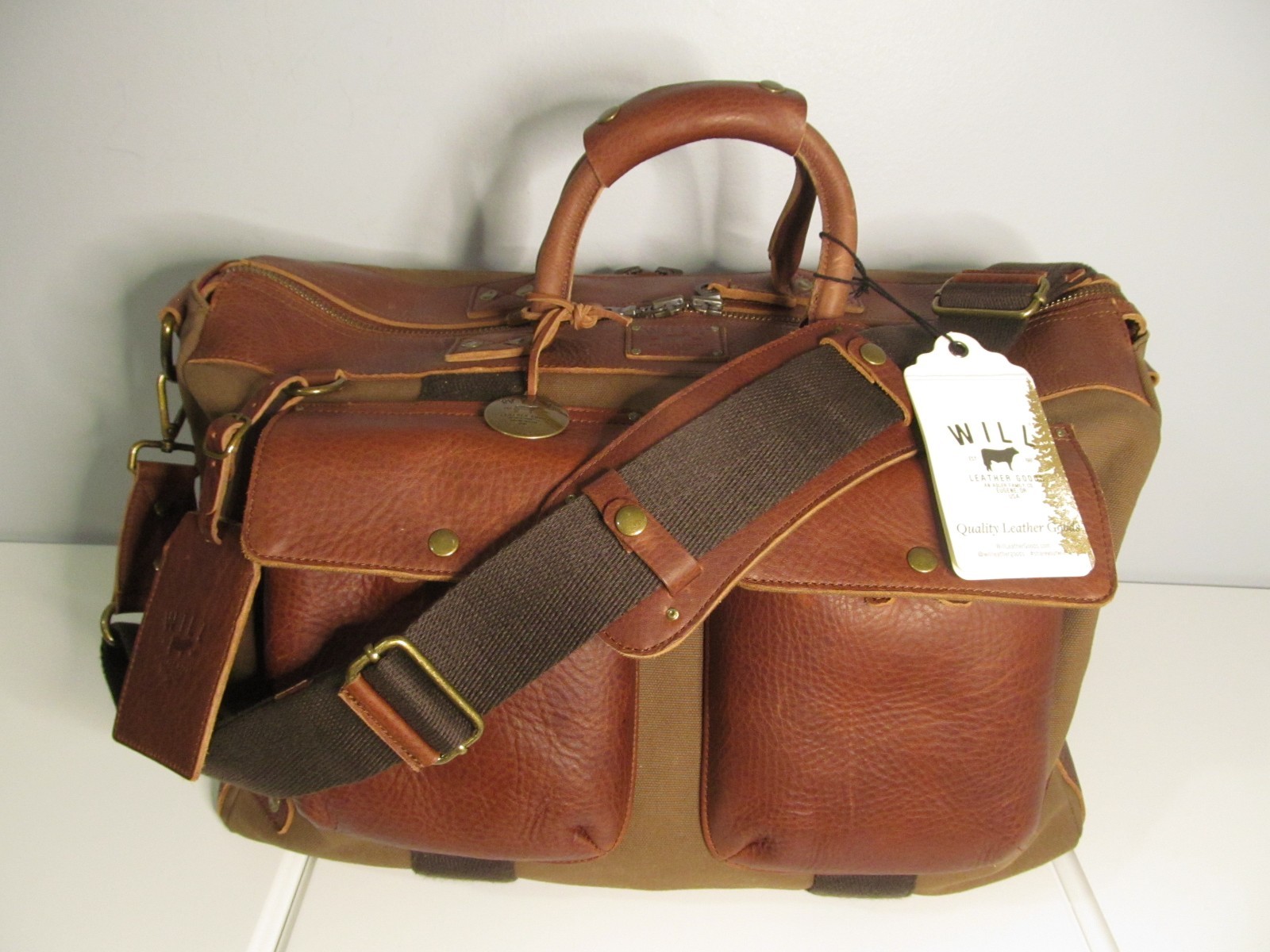 WILL Leather Goods, Eugene, Or. Brown Canvas & Leather Carry On Duffle Bag, NWT