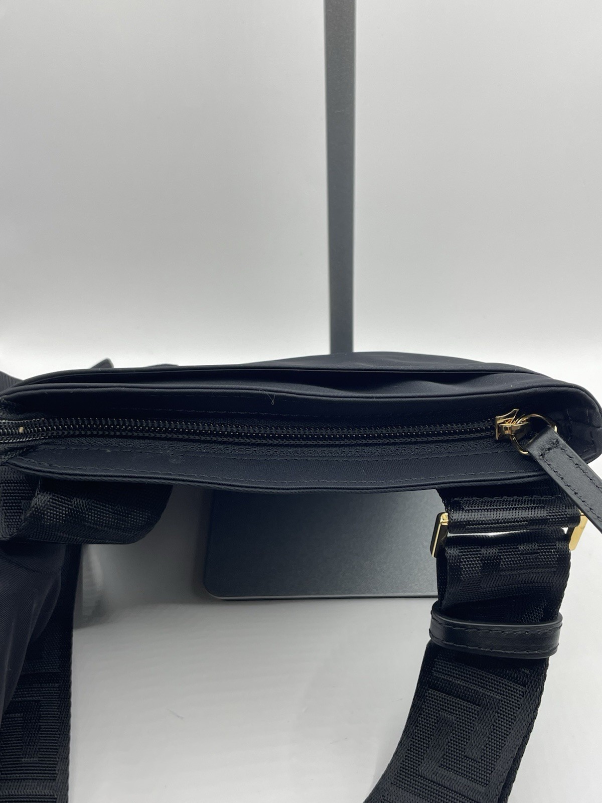 VERSACE Flat Crossbody Bag Fabric Calf Leather Black $800 Retail