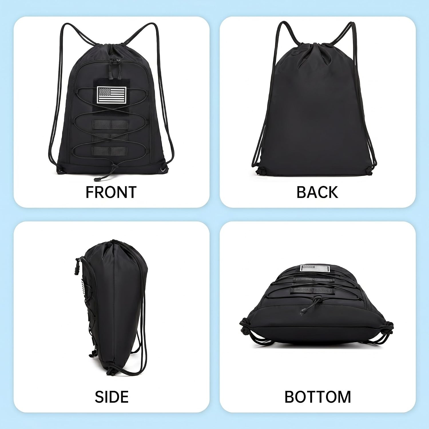 Seyfocnia Drawstring Backpack Tactical String Gym Bag with Zipper Pockets, Water