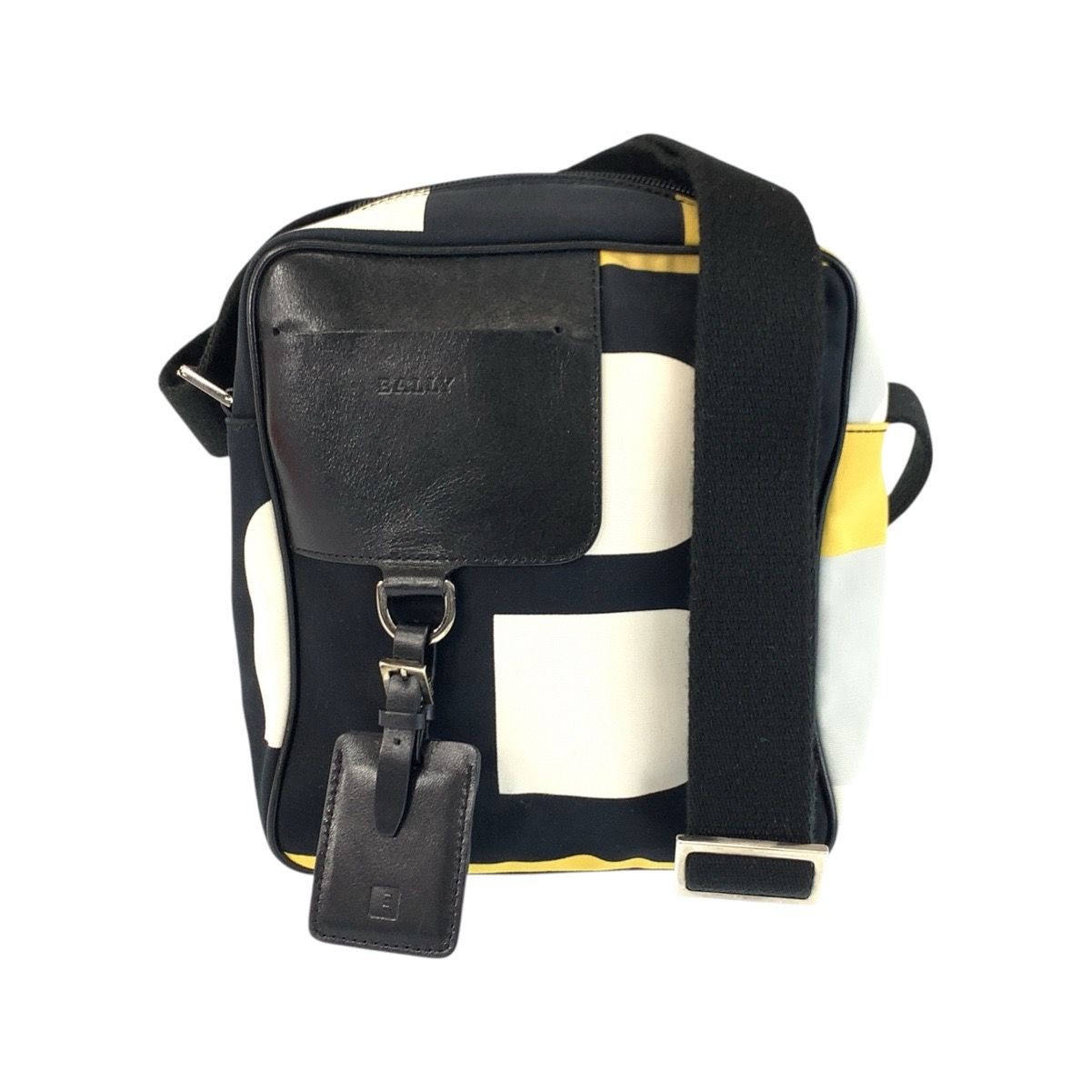 Authentic BALLY Men’s Shoulder Bag Leather Canvas 21x23cm Black Yellow Gray Silv