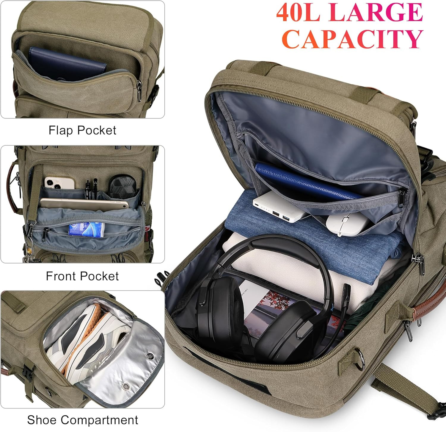 40L Convertible Travel Backpack for Men – Army Green Laptop Bag