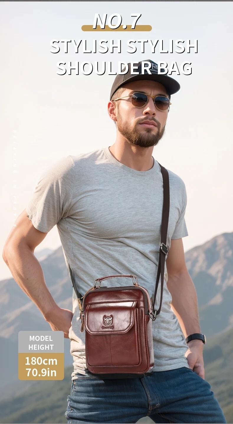 BULLCAPTAIN Men’s Leather Shoulder Bag 7.9″ Handbag Retro Casual Crossbody Bag