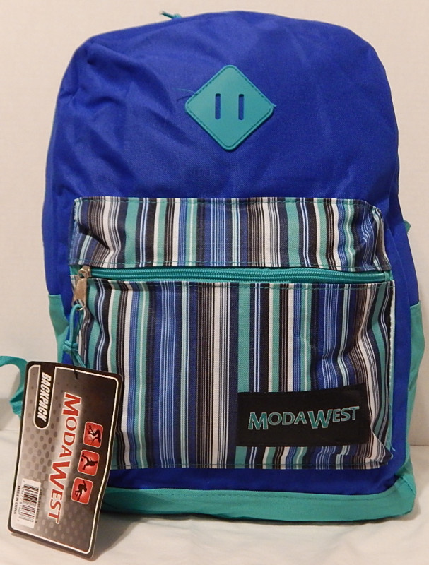 Backpack Basic Style Multi Stripe Design Blue Turquoise Trim 17 x 5 x 12