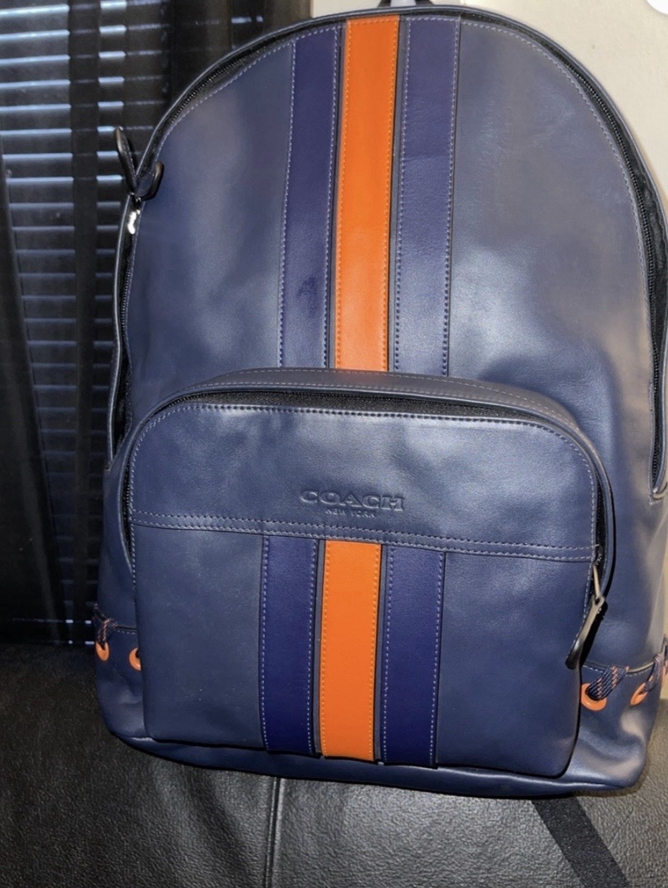 Coach Houston Backpack W Baseball Stitch F76868 Orange And Blue Leather