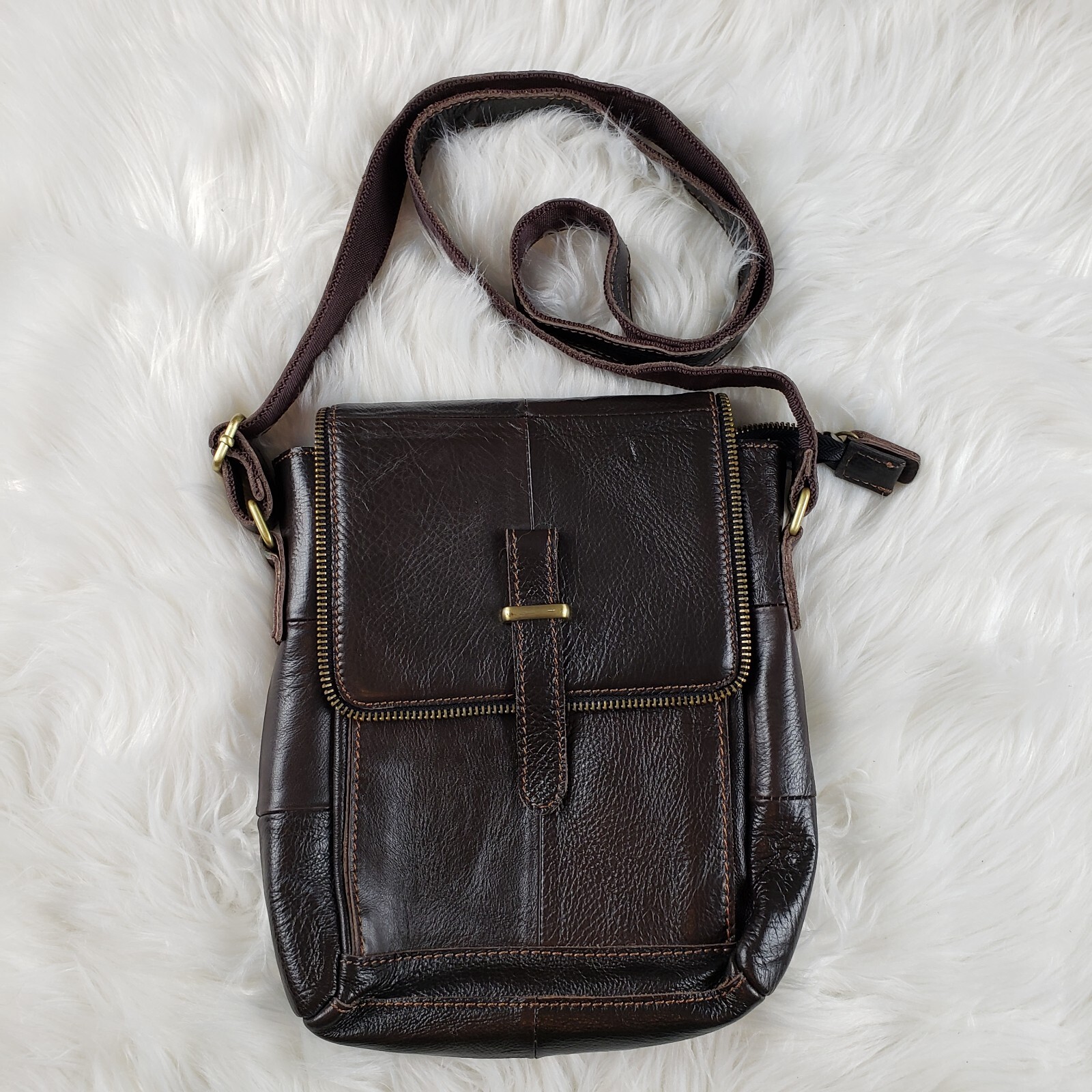 Brown Pebbled Leather Vertical Crossbody Bag Flap Front Snap and Zip Closure EUC