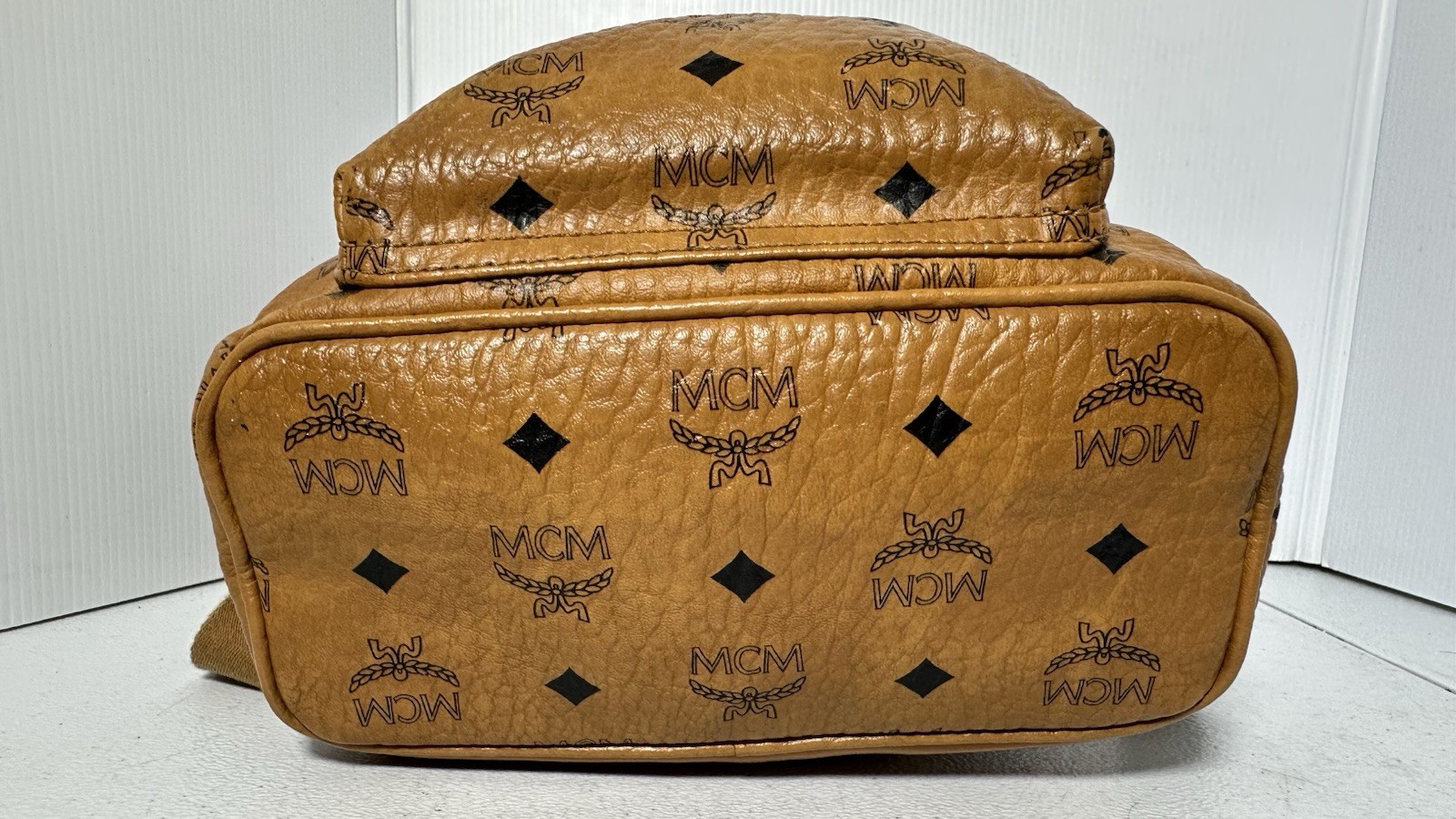 MCM Visetos Side Studs Small Backpack Camel Brown Leather Logo Studded Bag