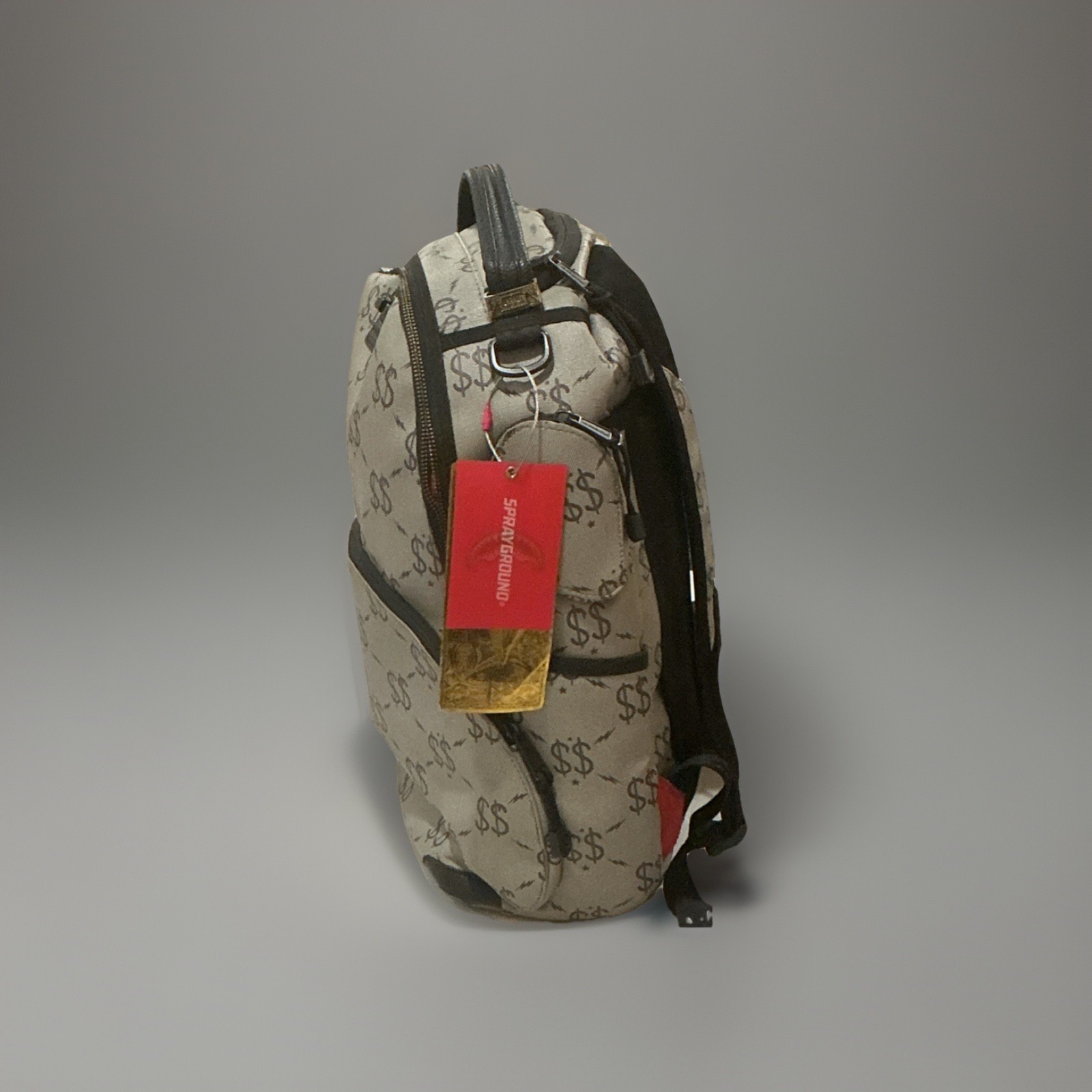 Sprayground Money Pattern Backpack Beige Black Adjustable Strap Outer Pockets