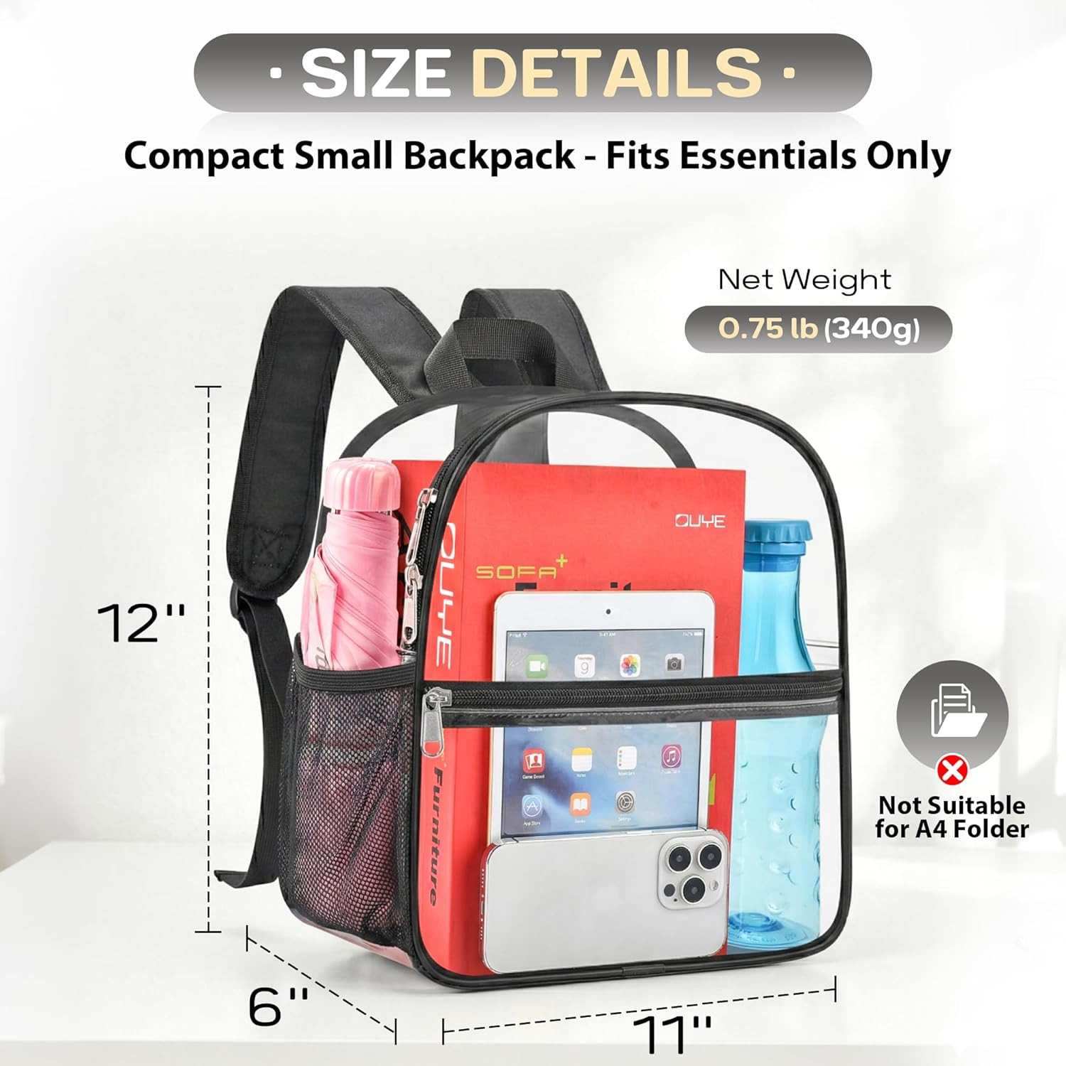 Clear Backpack Stadium Approved, Clear Bag 12 X 6 X 11 In, Small Transparent Bac