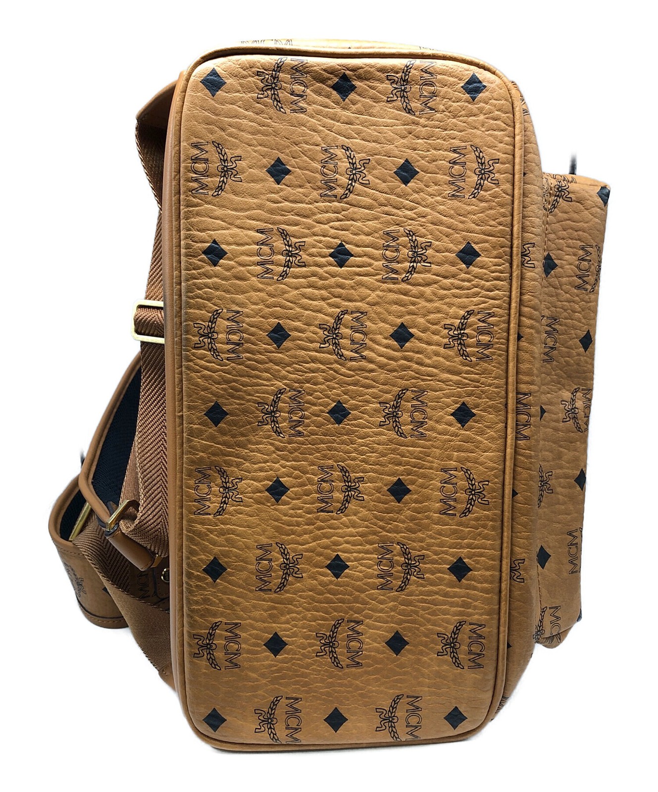 MCM Stark Visetos Brown Monogram Studded Leather Backpack Men Gold Tone 41cm