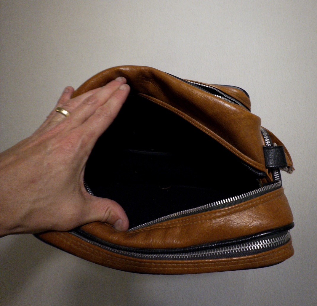 Vintage Shoulder Bag Brown Faux Leather “MIT” Zipper 4 Zip Sections Mid Century