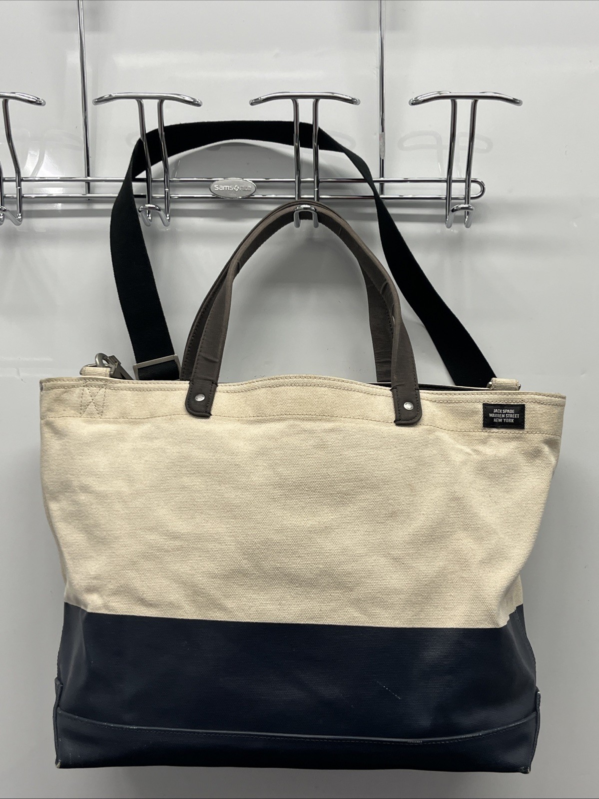 Jack Spade Heavy Duty Cotton Canvas Dipped Utility Tote Bag Cream & Navy
