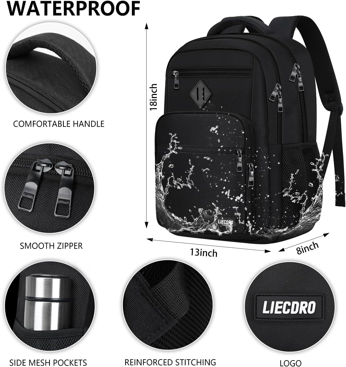 Black Backpack for Men, School Backpack for Boys Teens,15.6 Inch Laptop Back Pac