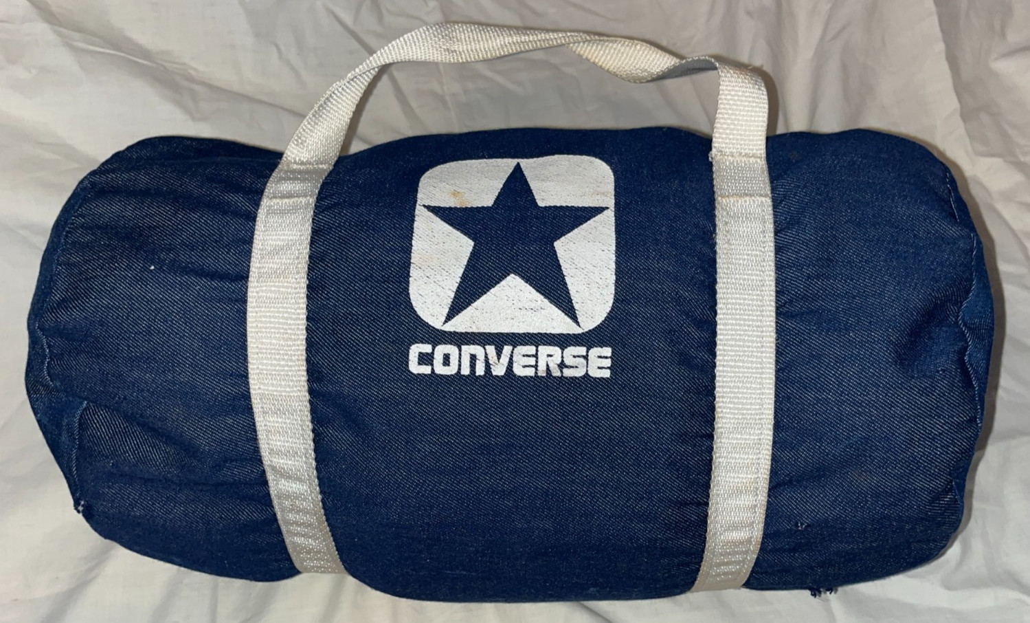 Vintage 80s Converse Denim Blue Gym Bag White Handle Duffel