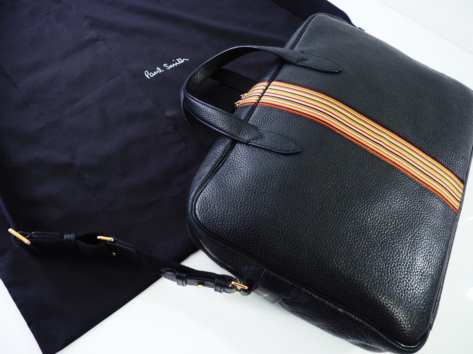 Paul Smith Bag Signature Stripe City Webbing Black Leather Folio Crossbody