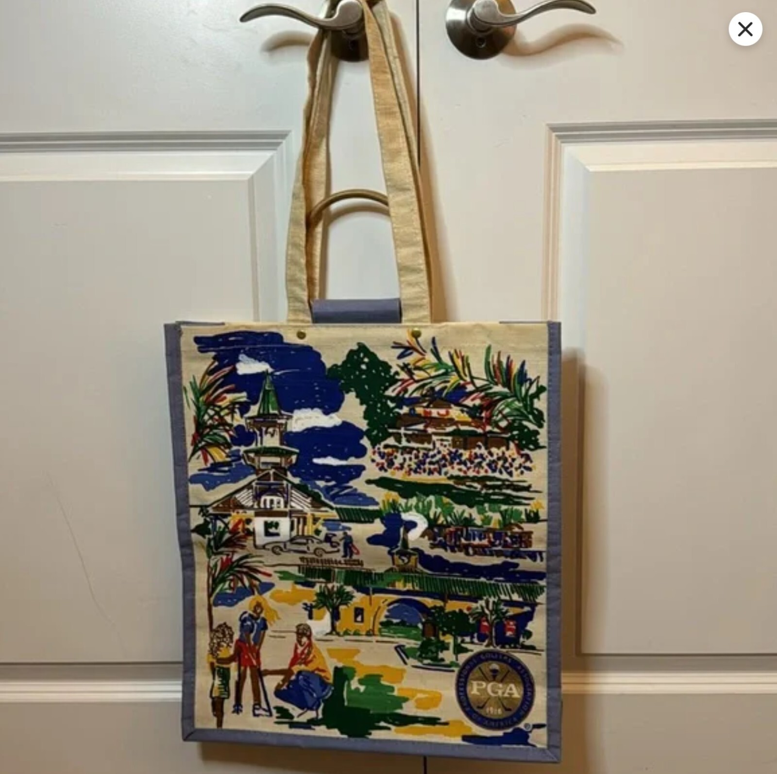 PGA Est 1916 Golf Resort Scene Canvas Tote Bamboo Ring Handle Retro Preppy Bag