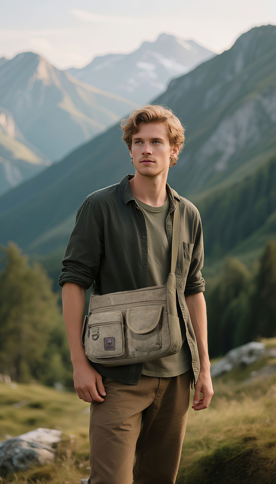 Men’s Canvas Shoulder Crossbody Bag Casual Work Travel Multi-Pocket Satchel