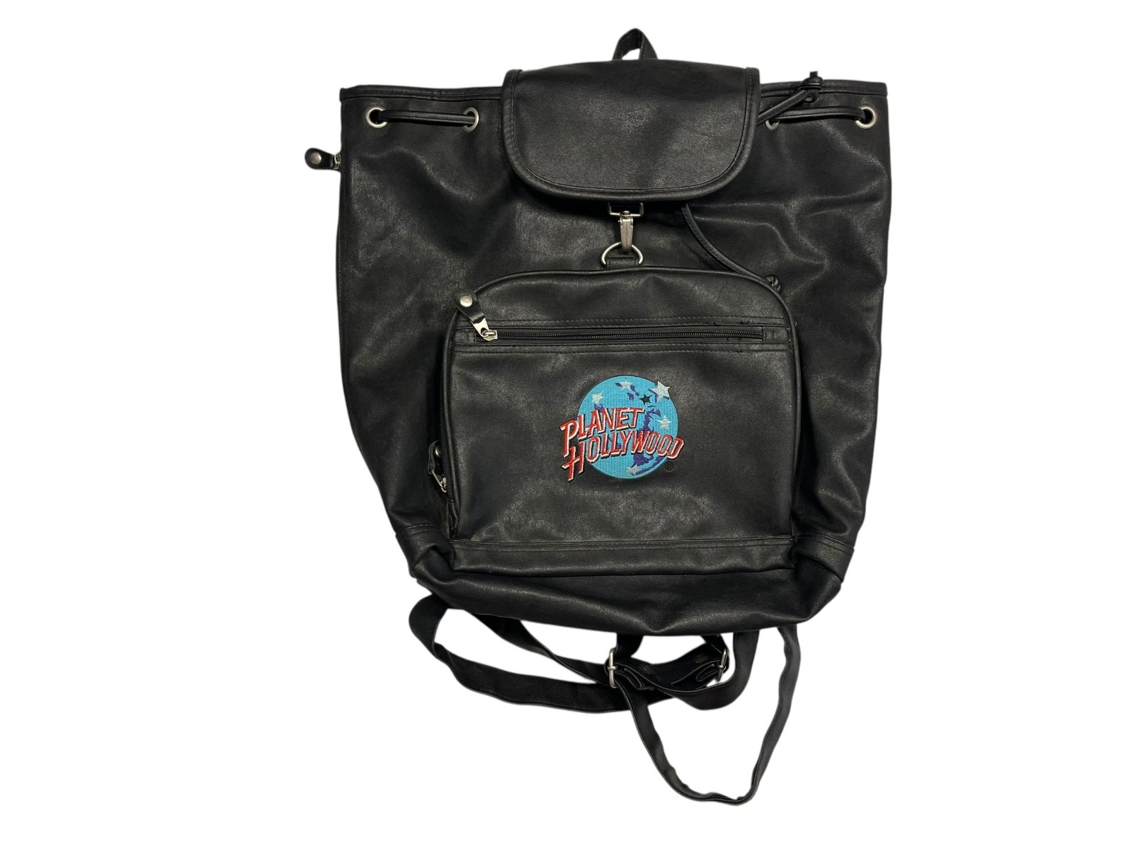 Vtg 90s PLANET HOLLYWOOD Black Ruck-Sack LEATHER BACKPACK Travel School Gym Bag