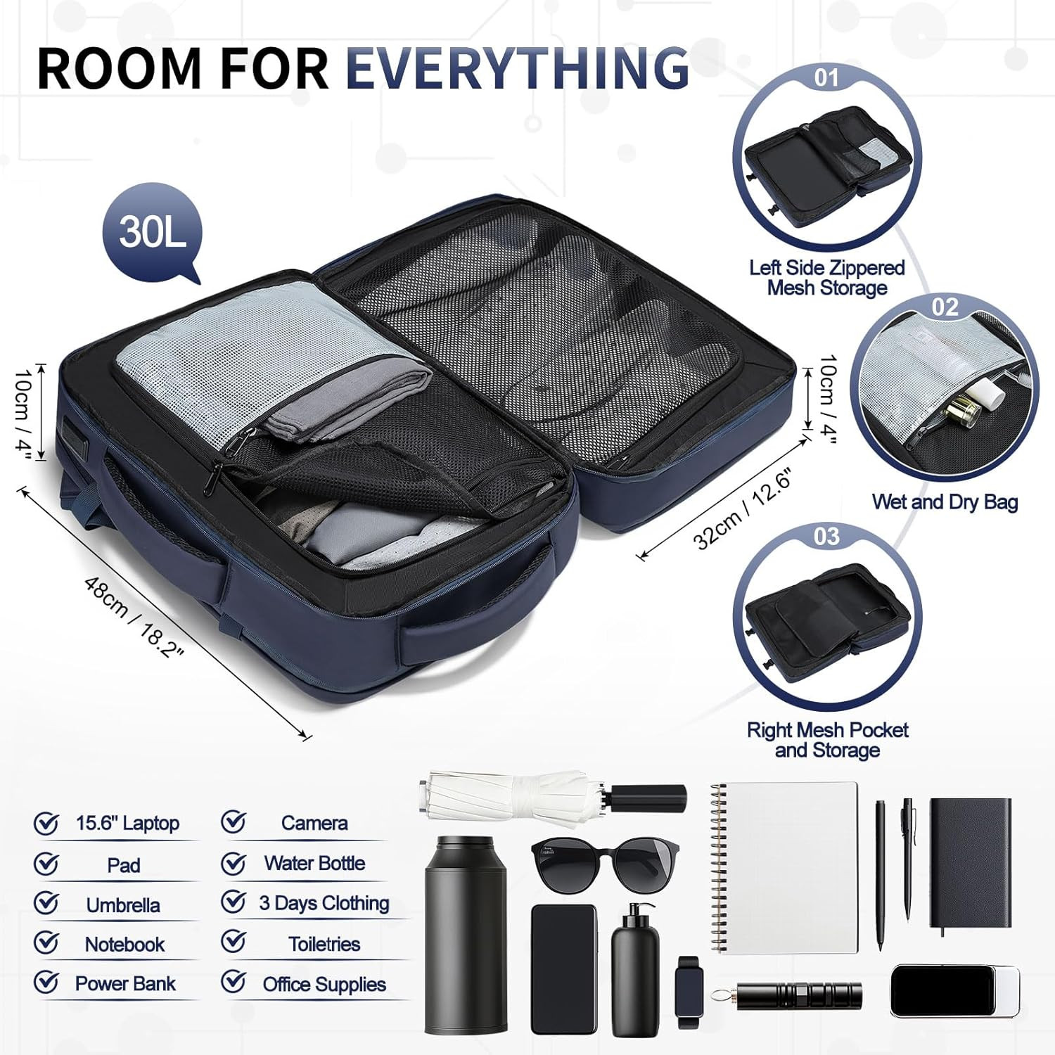 Lay Flat Carry on Travel Backpack, 30L Airline Approved, Fits 16″ Laptop, USB-C
