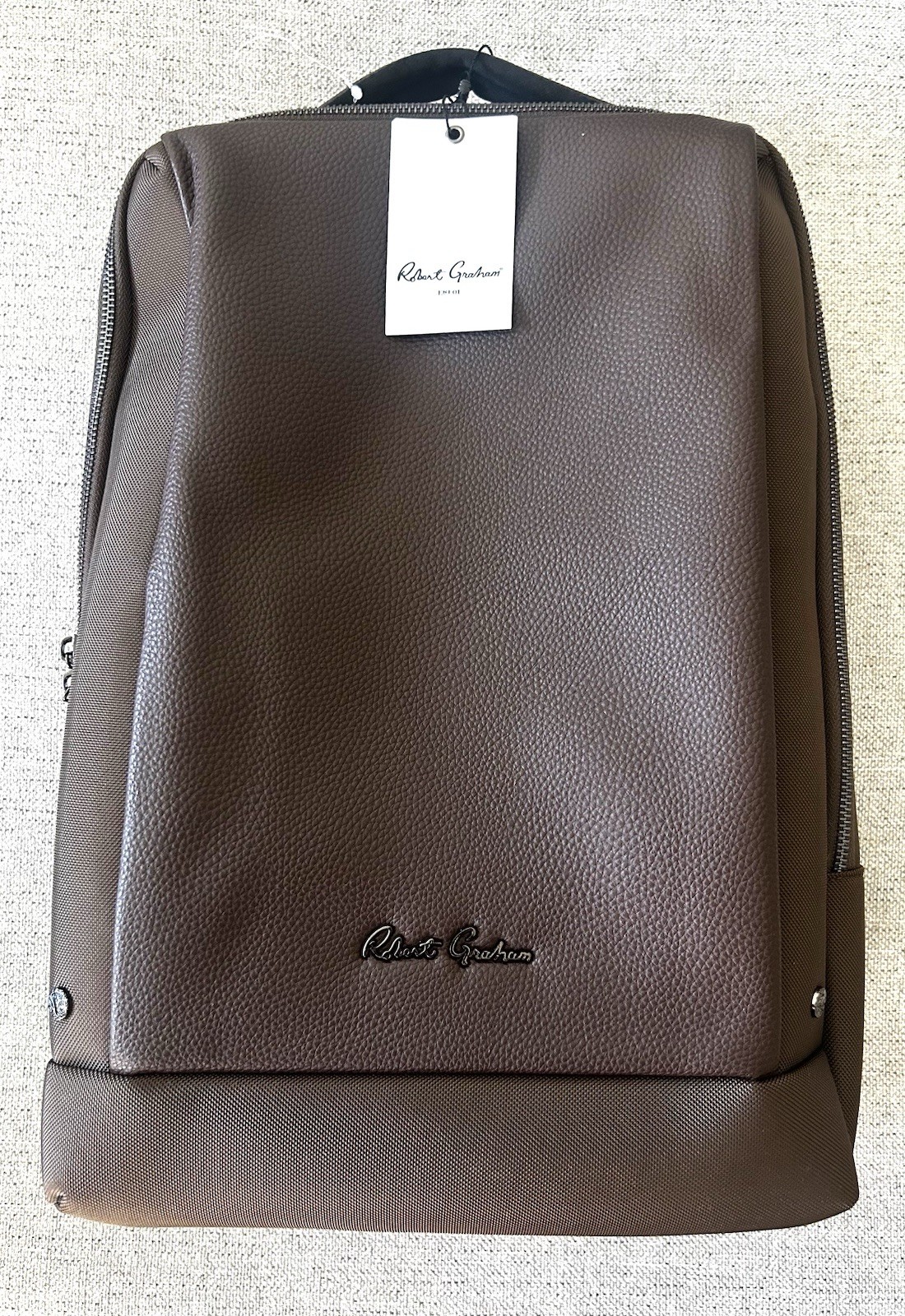 NWT Robert Graham LEATHER Panel Solid Travel Padded Laptop BROWN Backpack! $228!
