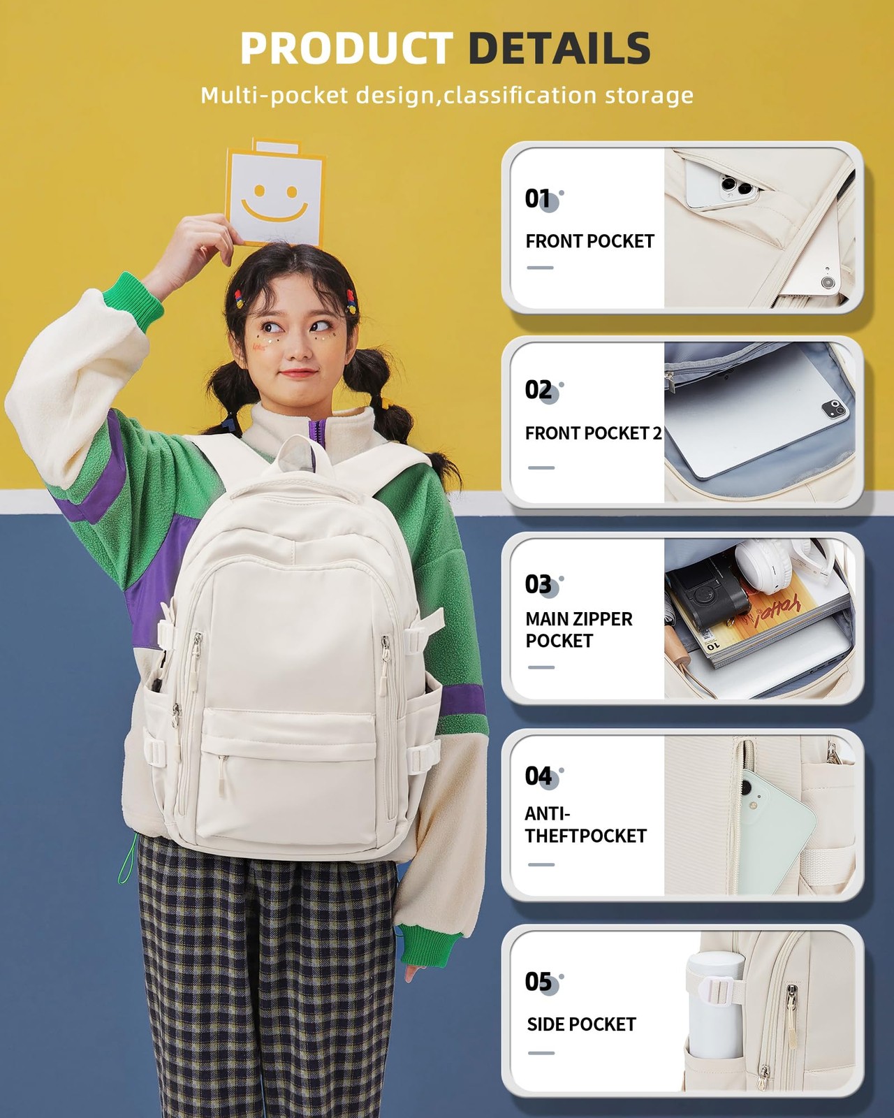 Beige Lightweight Backpack, Large Laptop, Travel, Casual Daypack, College Bag