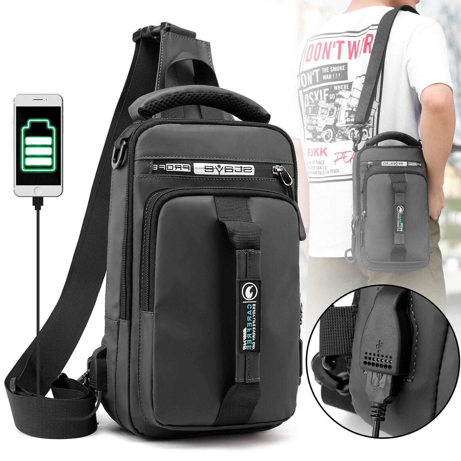 Men’s Sling Crossbody Bag Anti-theft Chest Pack Shoulder Backpack USB Waterproof