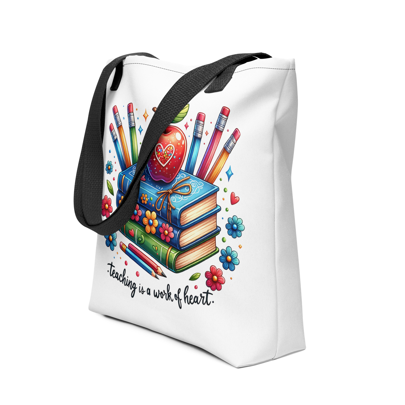 Pawsome Designs TEACHING IS A WORK OF HEART Canvas Tote Choose Handle Color NEW