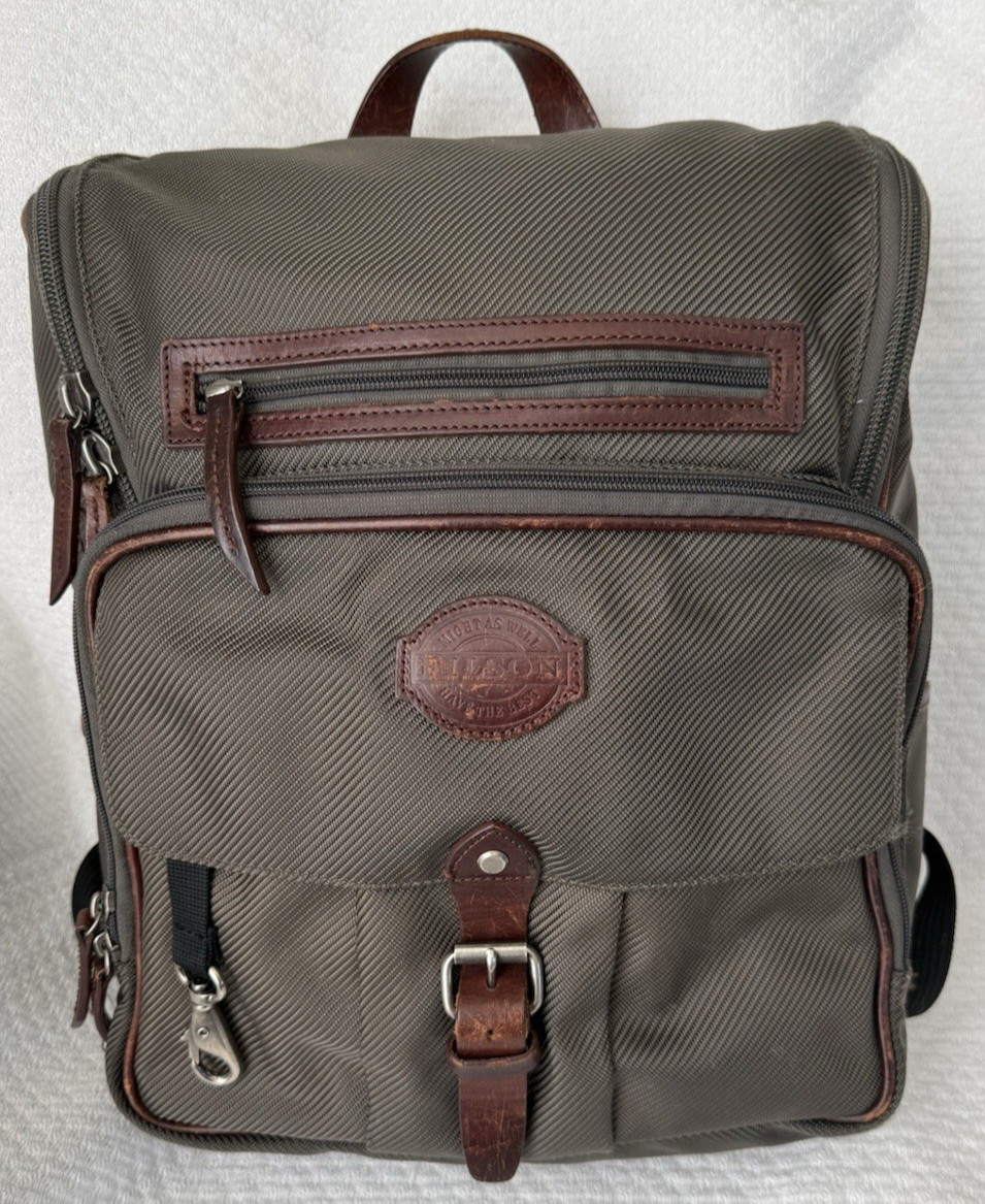 Filson Utilitarian Backpack Olive Green Brown Leather Trim Laptop Travel Bag