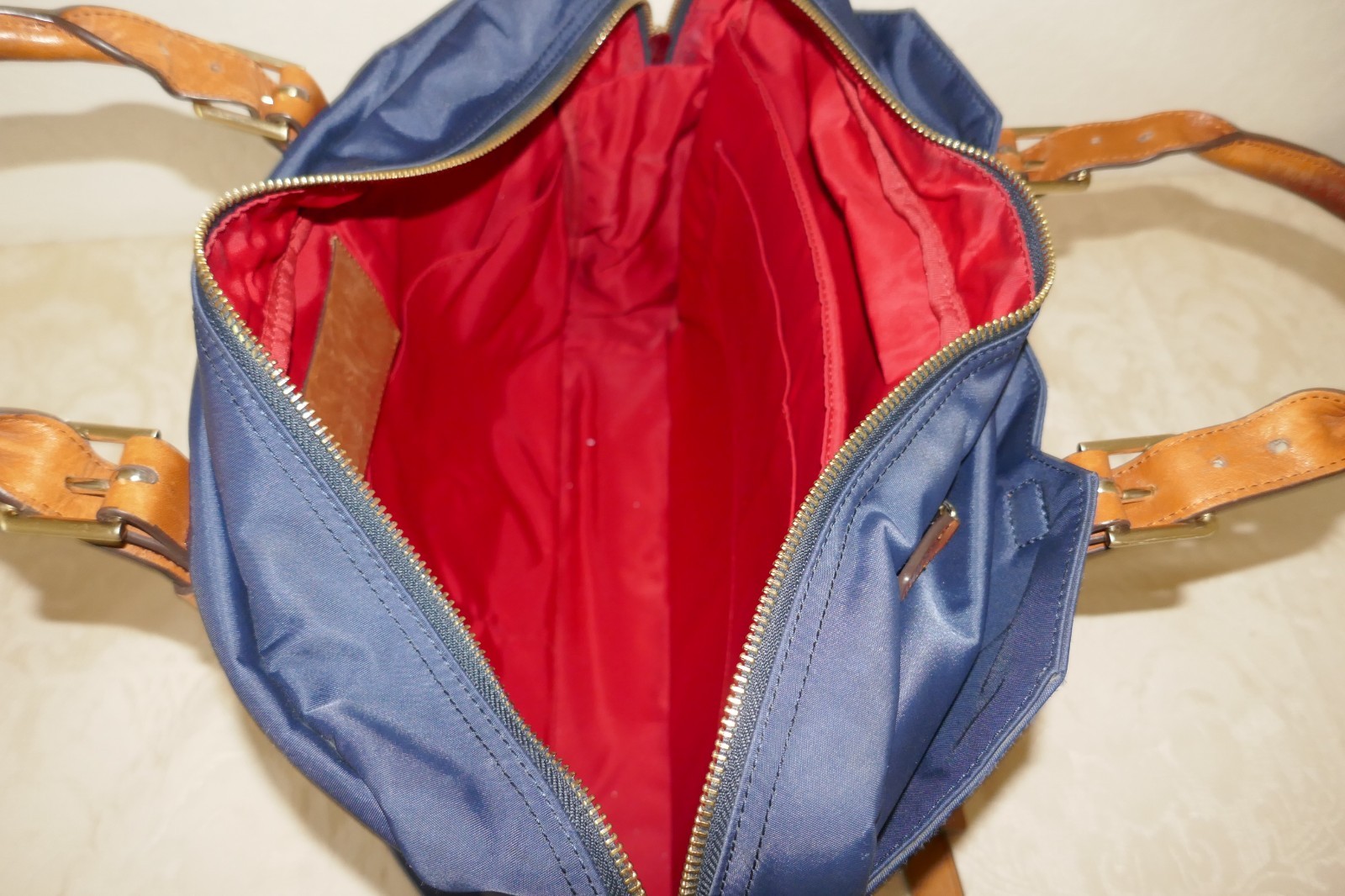 STUART O LAU The Cary Blue Nylon Briefcase Tan Leather Trim Red Interior