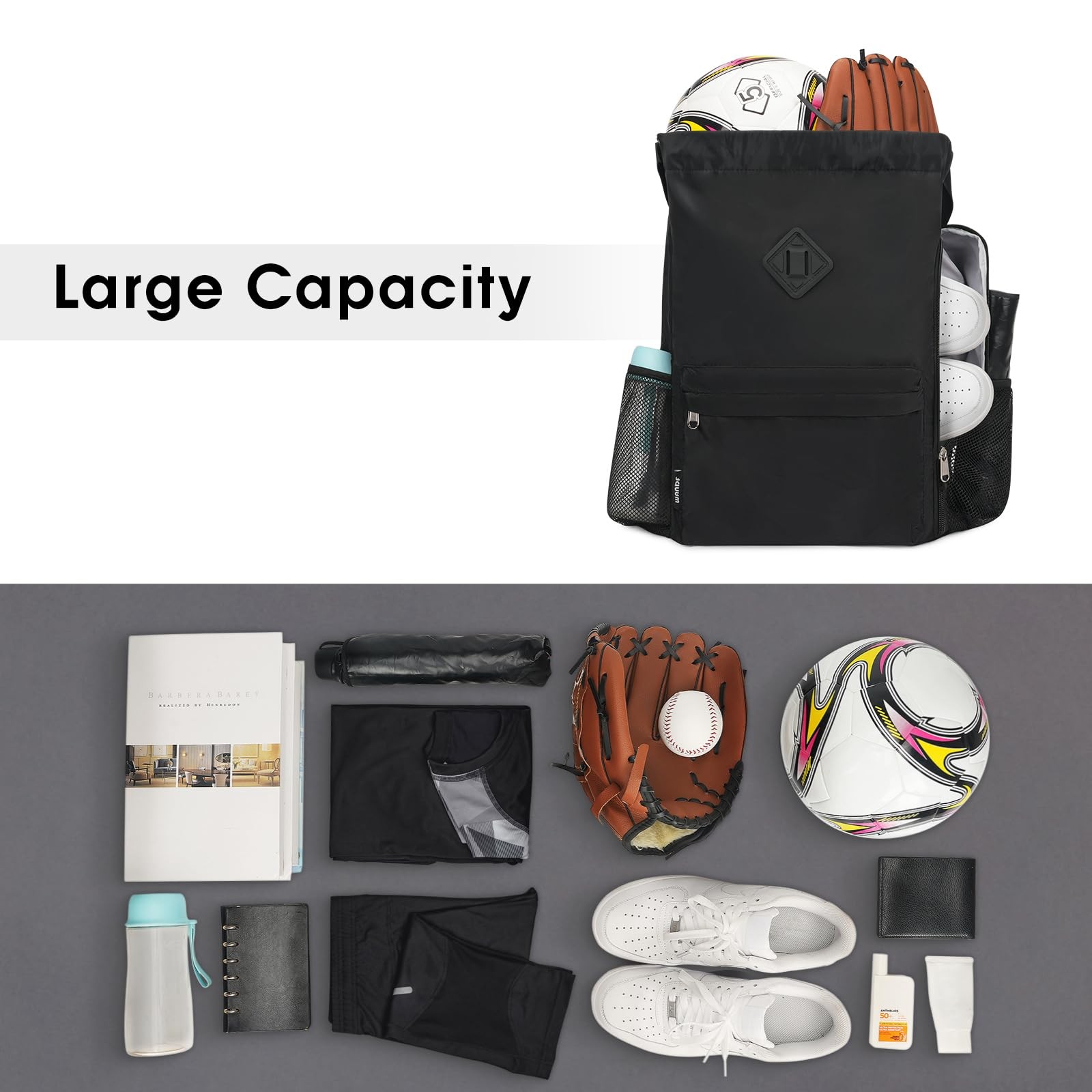 Large Black Drawstring Backpack Sports Gym Bag Shoes Compartment WaterProof