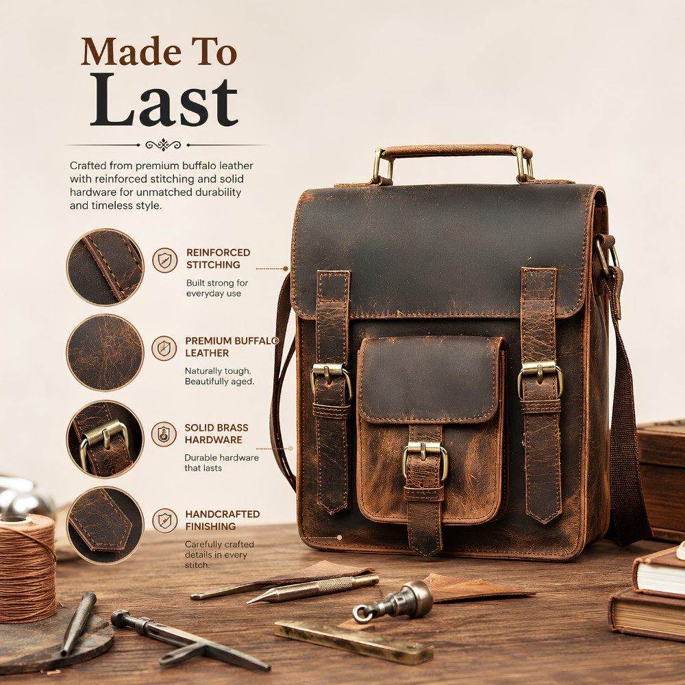 11″ Buffalo Leather Sling Bag Men’s Dark Brown Crossbody Messenger Bag for iPad