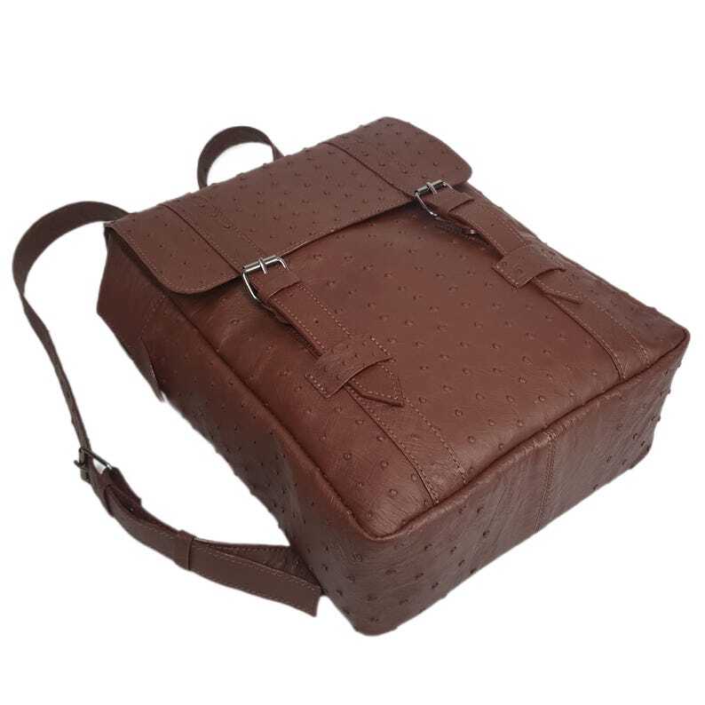 Men’s Backpack GENUINE Ostrich Leather Exotic Luxury Large Brown Bag for Laptop