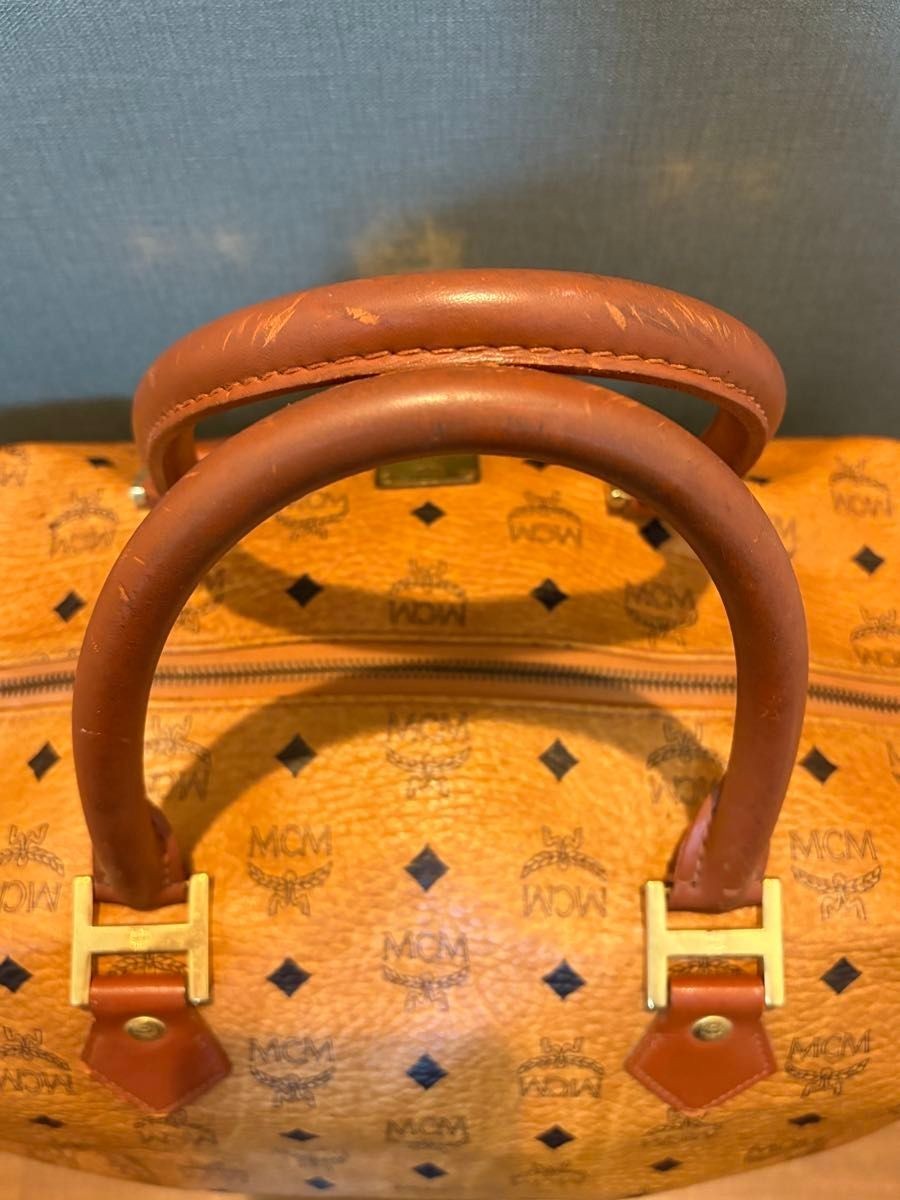 MCM Authentic Visetos Leather Handbag Brown Boston Bag Gold Logo Double Handle