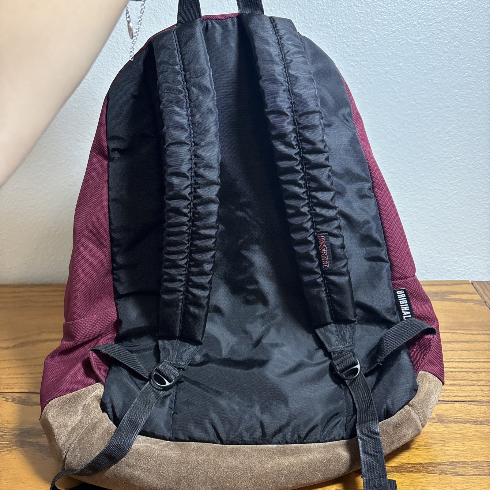 JanSport Maroon Backpack Suede Leather Bottom, Zip Closure, Pockets