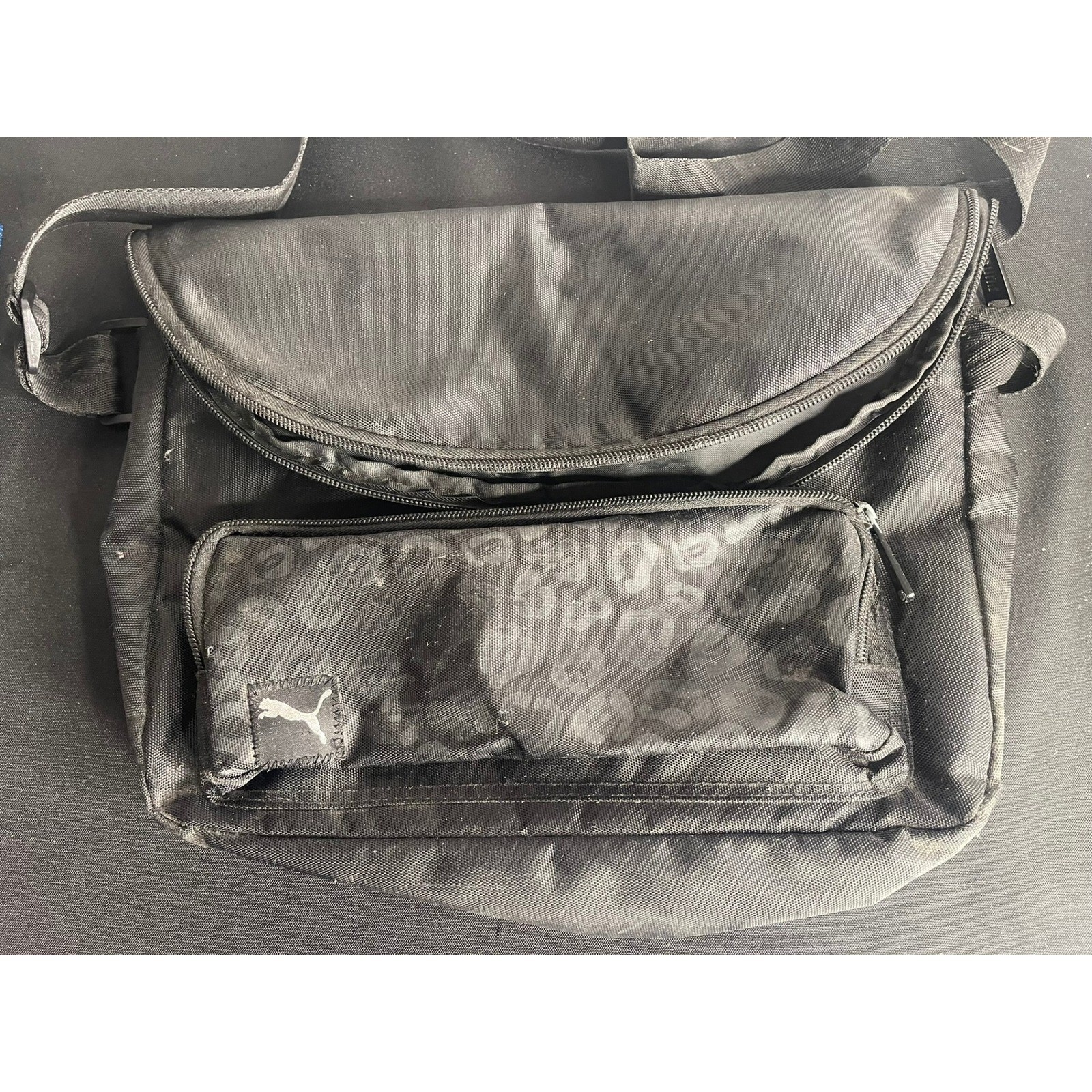 Puma Messenger Bag Black Canvas Leopard Print Accent Crossbody Adjustable Strap