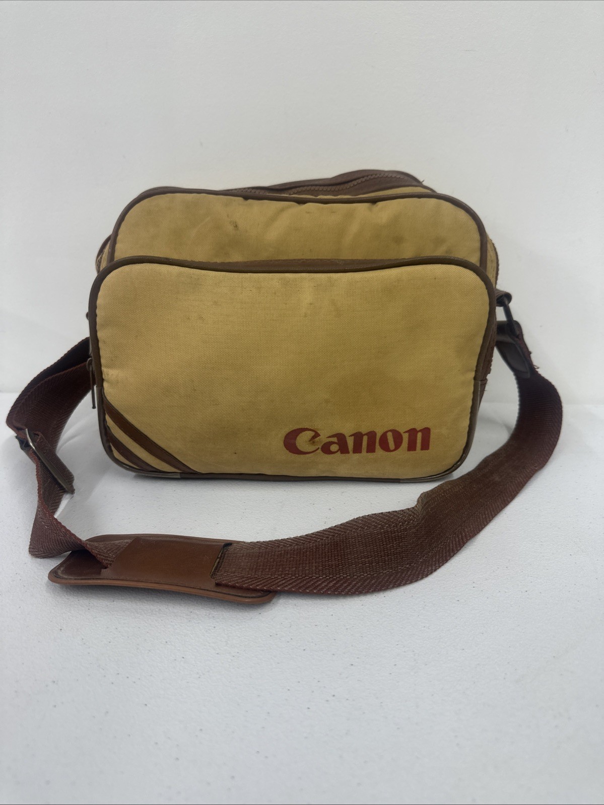 Canon Camera Bag Beige Brown Leather Canvas Zip Pockets W/Strap & Handle WORN