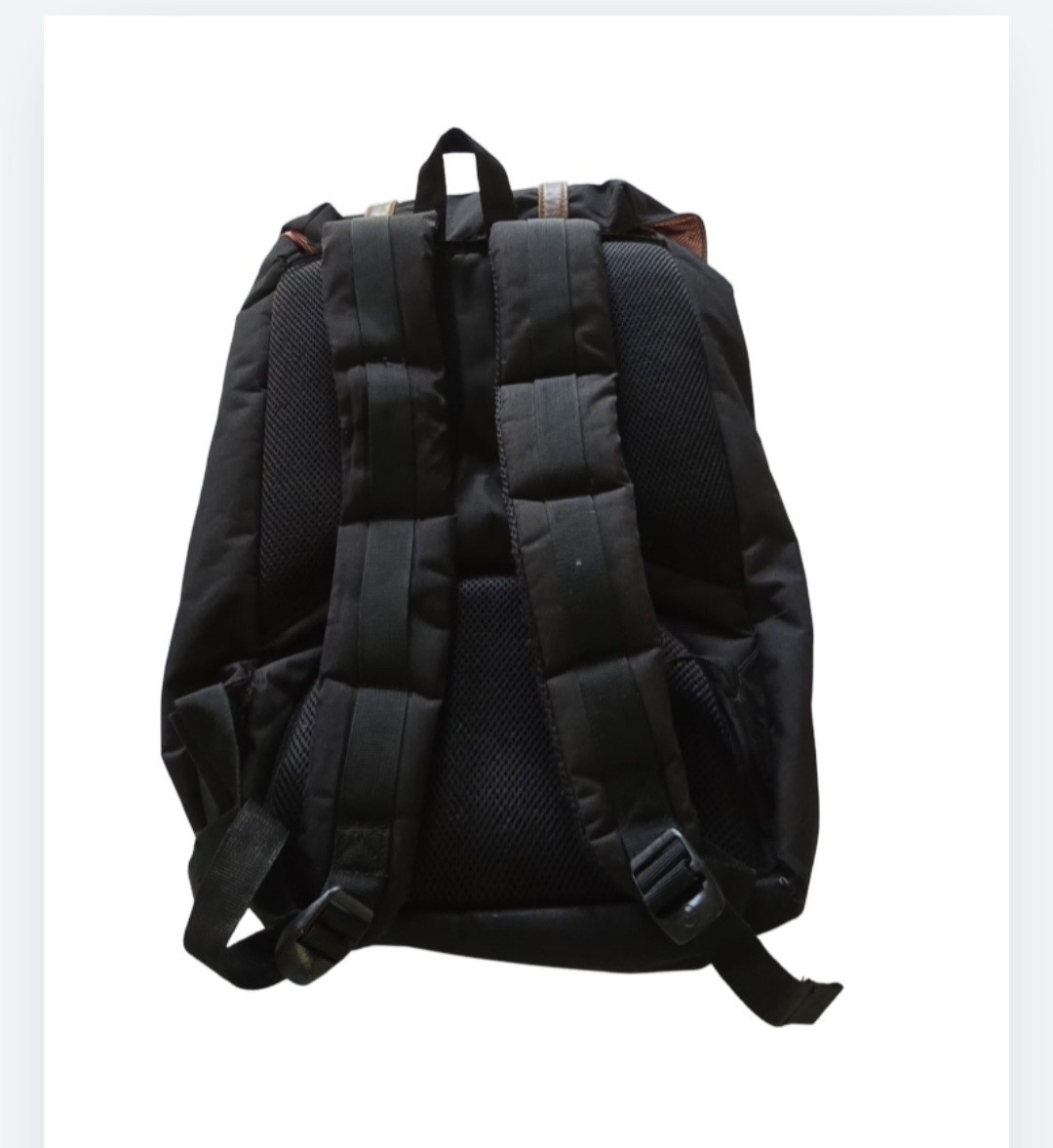 Herschel Backpack Black, Brown Straps, Red/White Striped Interior Large Flap Bag