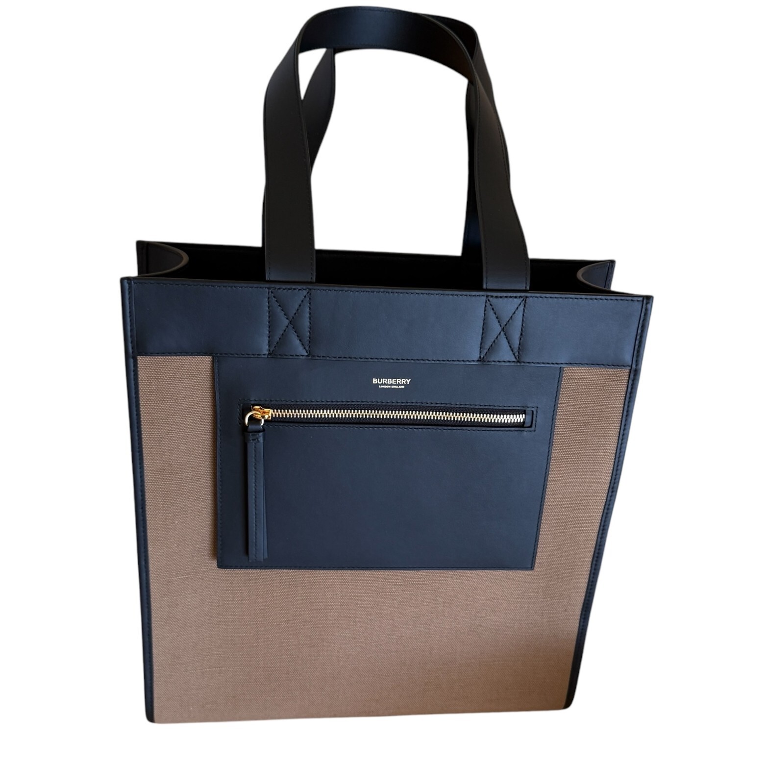 Burberry Camel Fabric and Black leather Medium Tote Bag, 8093452