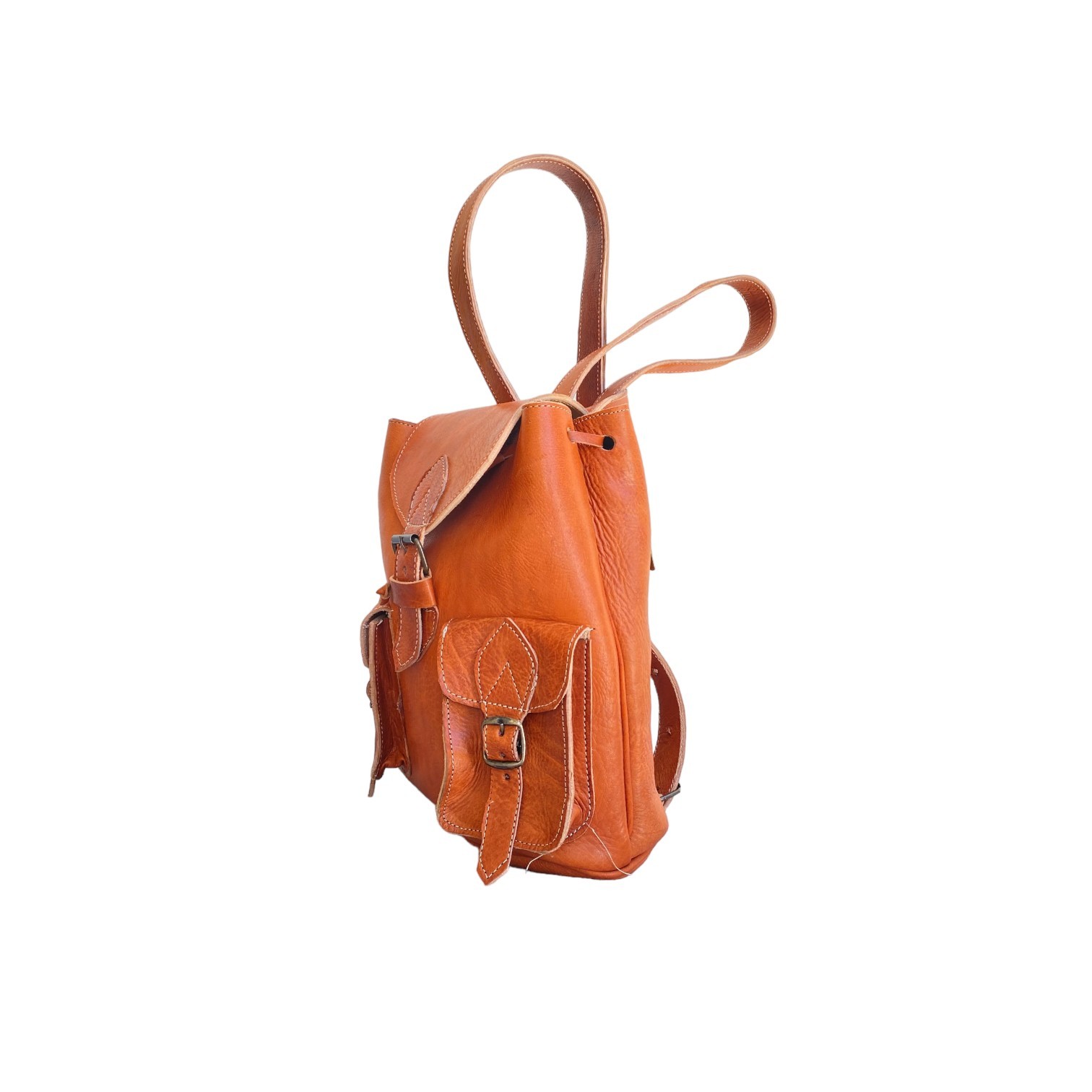 Cognac Leather Backpack Handmade Morocco 3 Pockets Belt Buckle Zip Bag