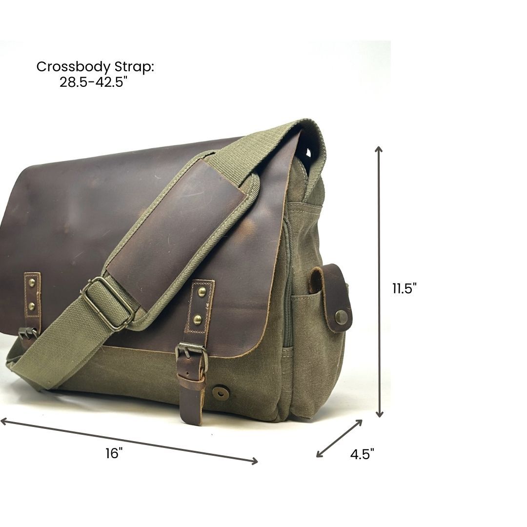 R&R Leather: Genuine Leather and Canvas Laptop Messenger Bag – Olive Green