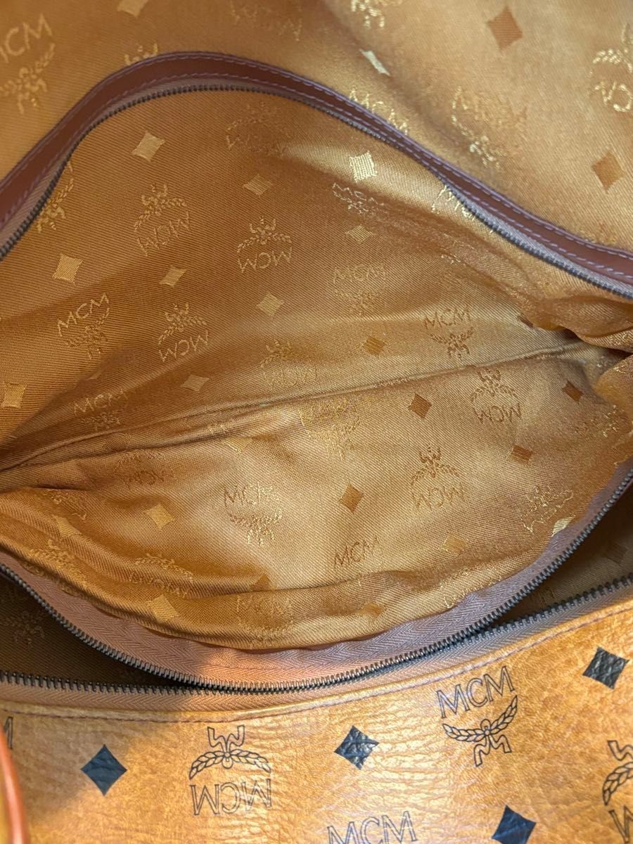 MCM Authentic Visetos Leather Handbag Brown Boston Bag Gold Logo Double Handle