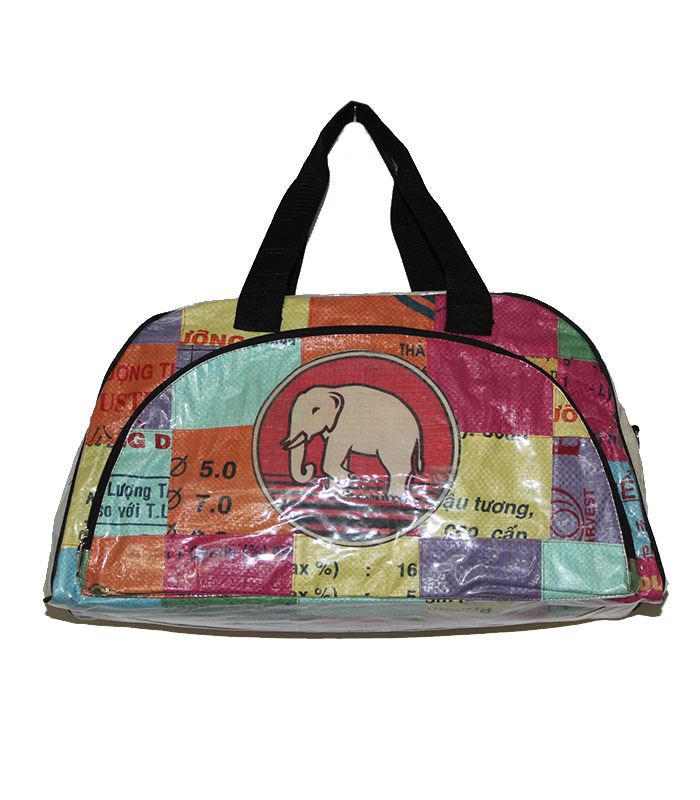 Fair Trade Patchwork Travel Bag Handmade in Cambodia from Cement and Fish Bags