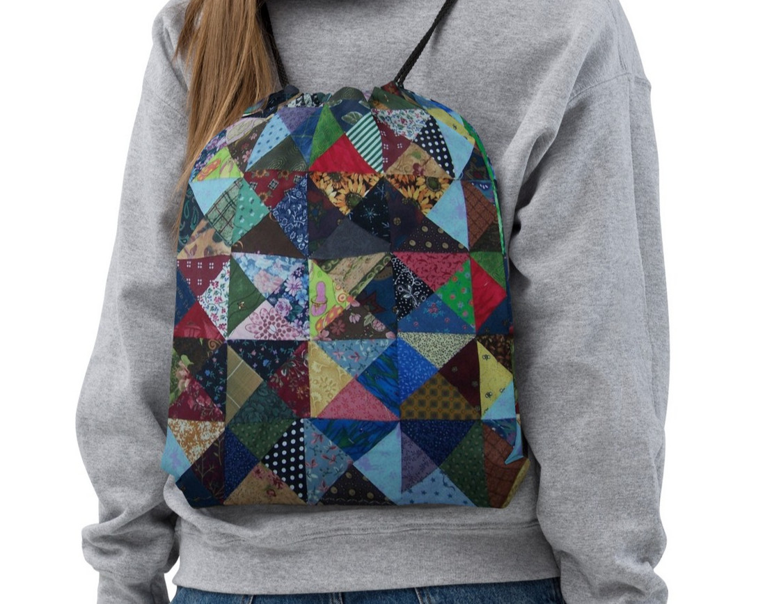 Drawstring Bag Faux Patchwork Photo Design Unique for quilter seamstress