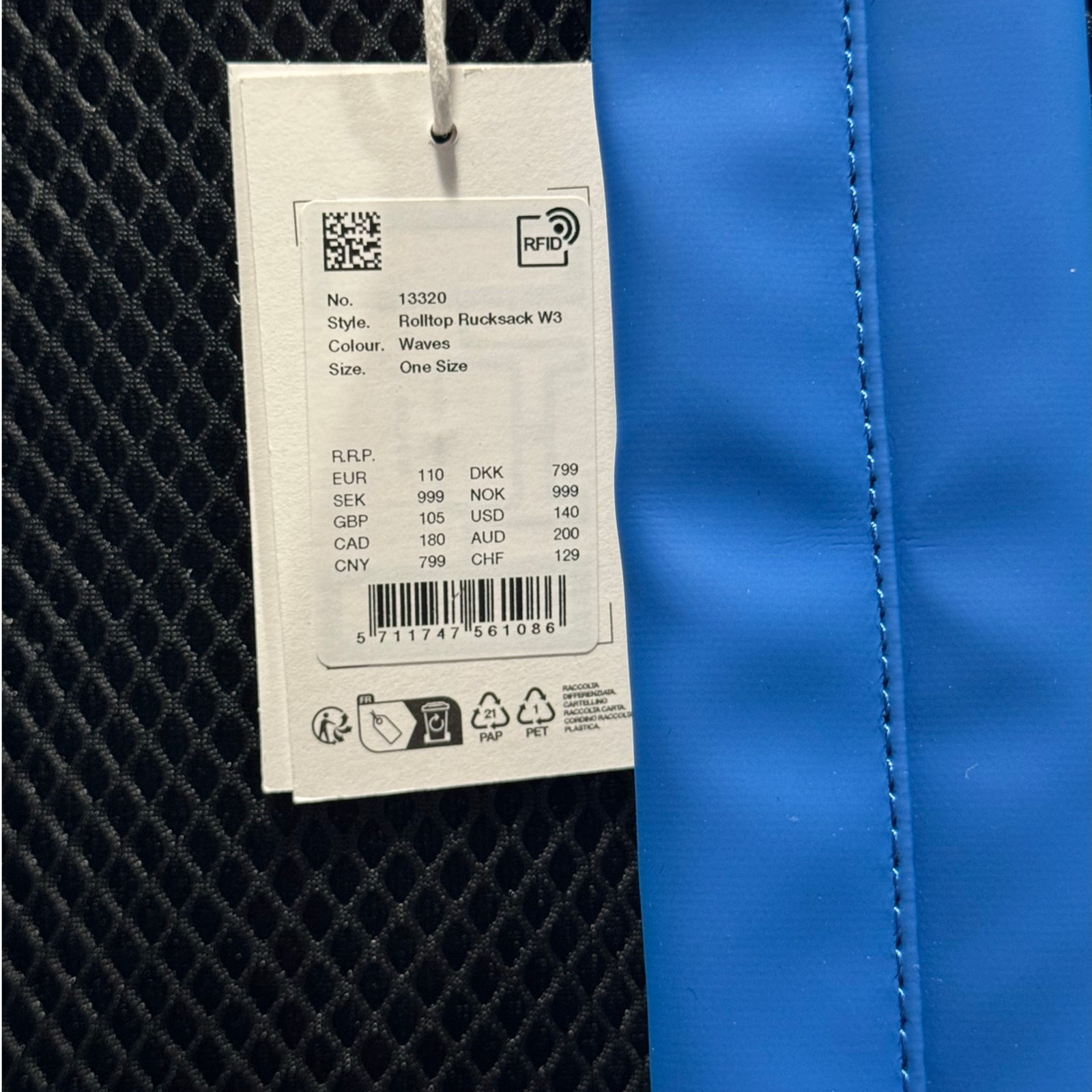 NWT! Rains Rolltop Rucksack W3 in Blue Waves – Unisex (MSRP $140)