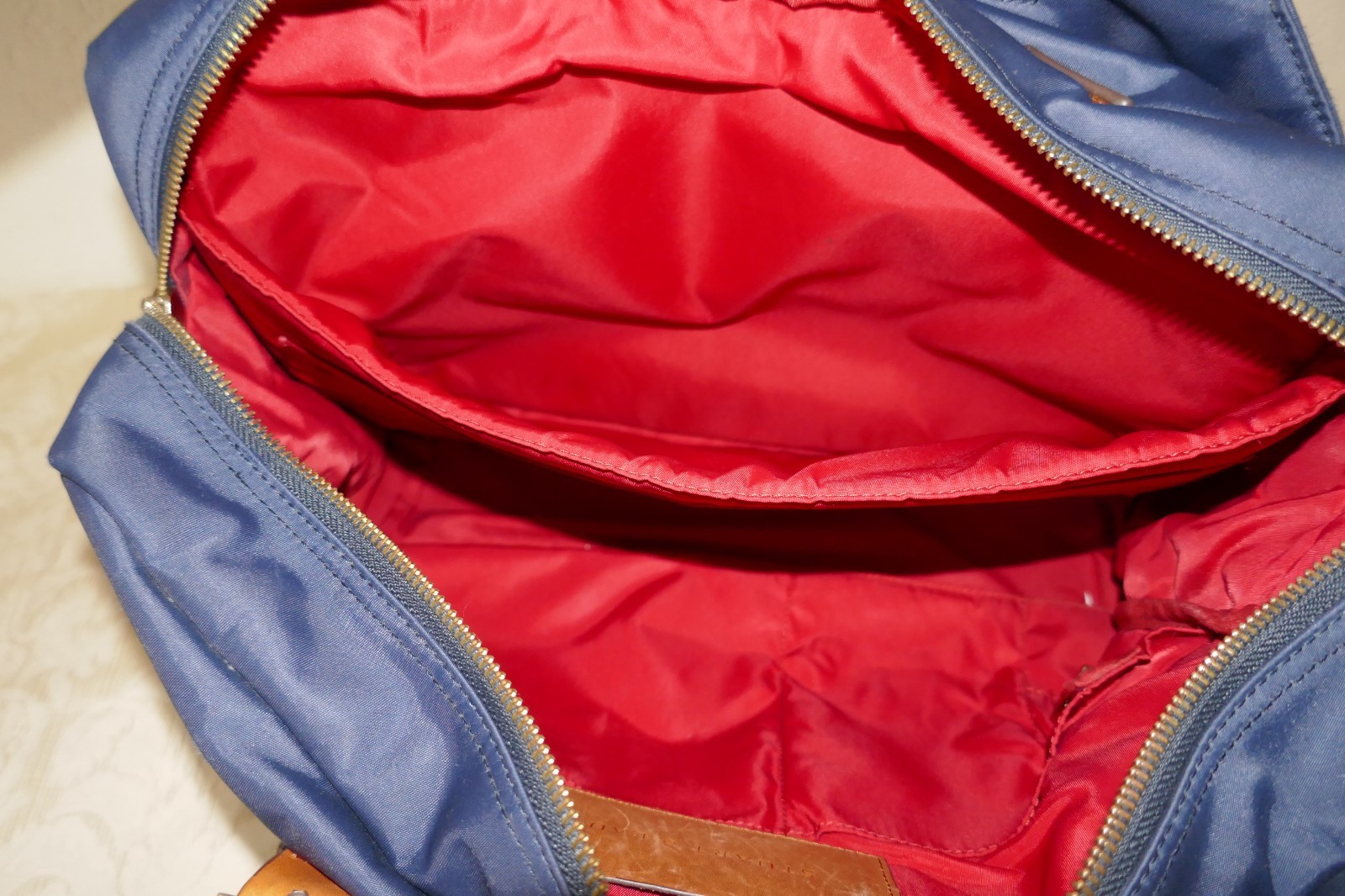 STUART O LAU The Cary Blue Nylon Briefcase Tan Leather Trim Red Interior