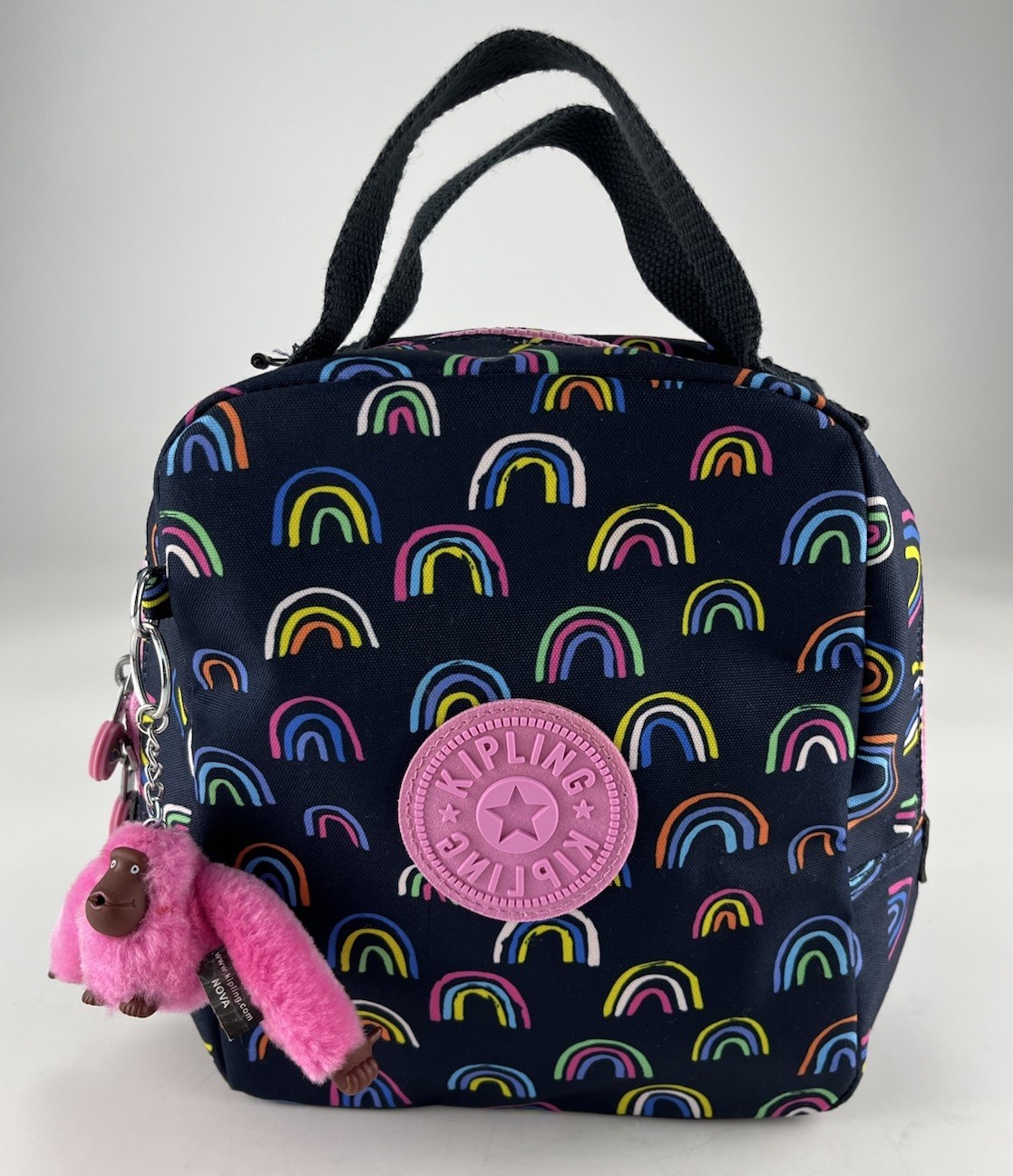 Kipling Insulated Lunch Bag in Multi Rainbow Pattern With Pink Monkey Keychain