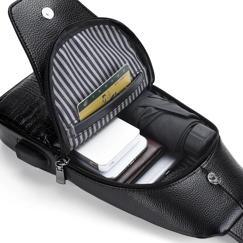 Unisex Leather Crocodile Pattern Chest Bag Sling Backpack Crossbody Black