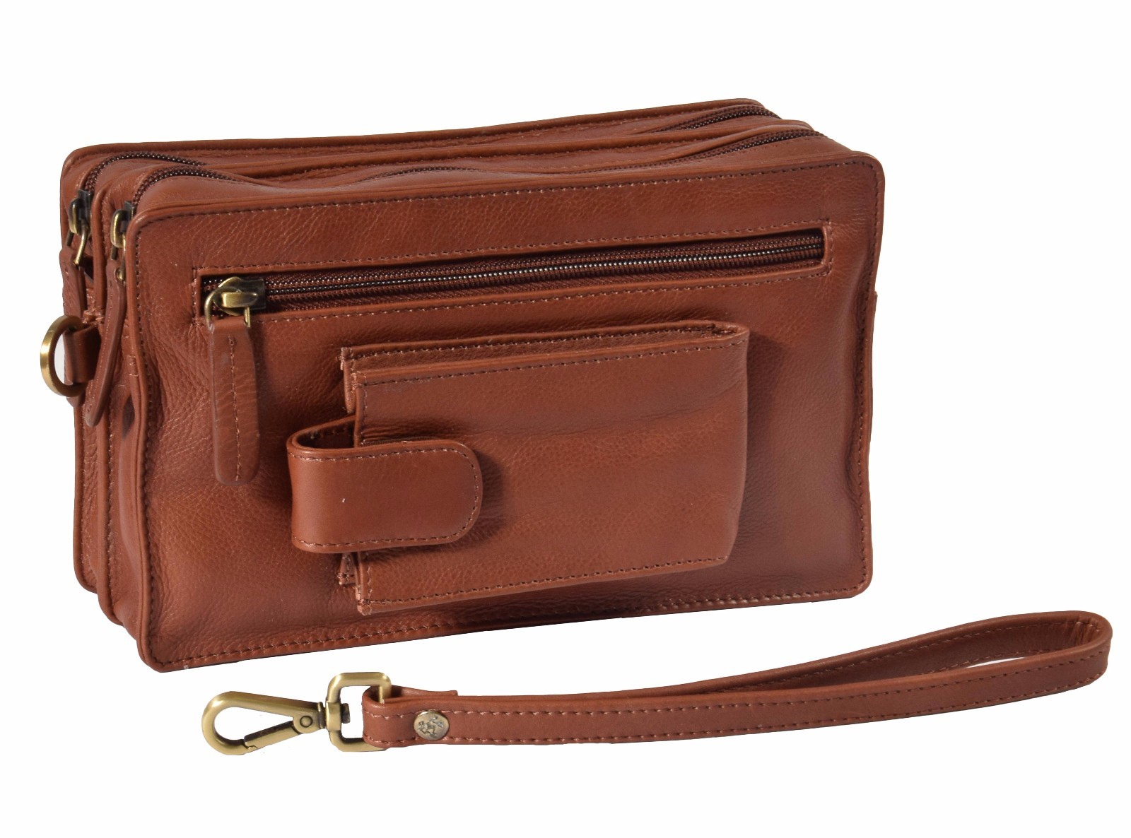 Mens Wrist Leather Bag Multi Zip Clutch Grab Mobile Money Travel Purse Brown
