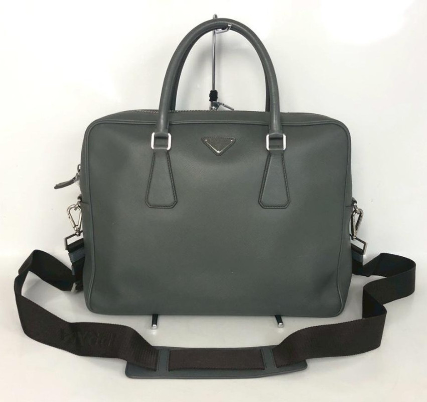 Prada Saffiano Briefcase Business Bag Leather Tote Messenger Shoulder Bag Gray